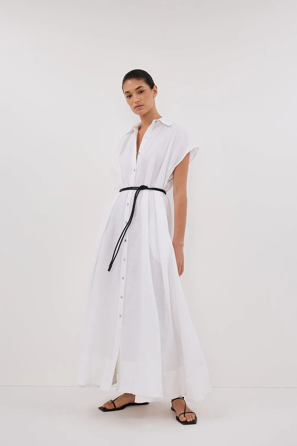 LANA WHITE LINEN MIDI SHIRT DRESS