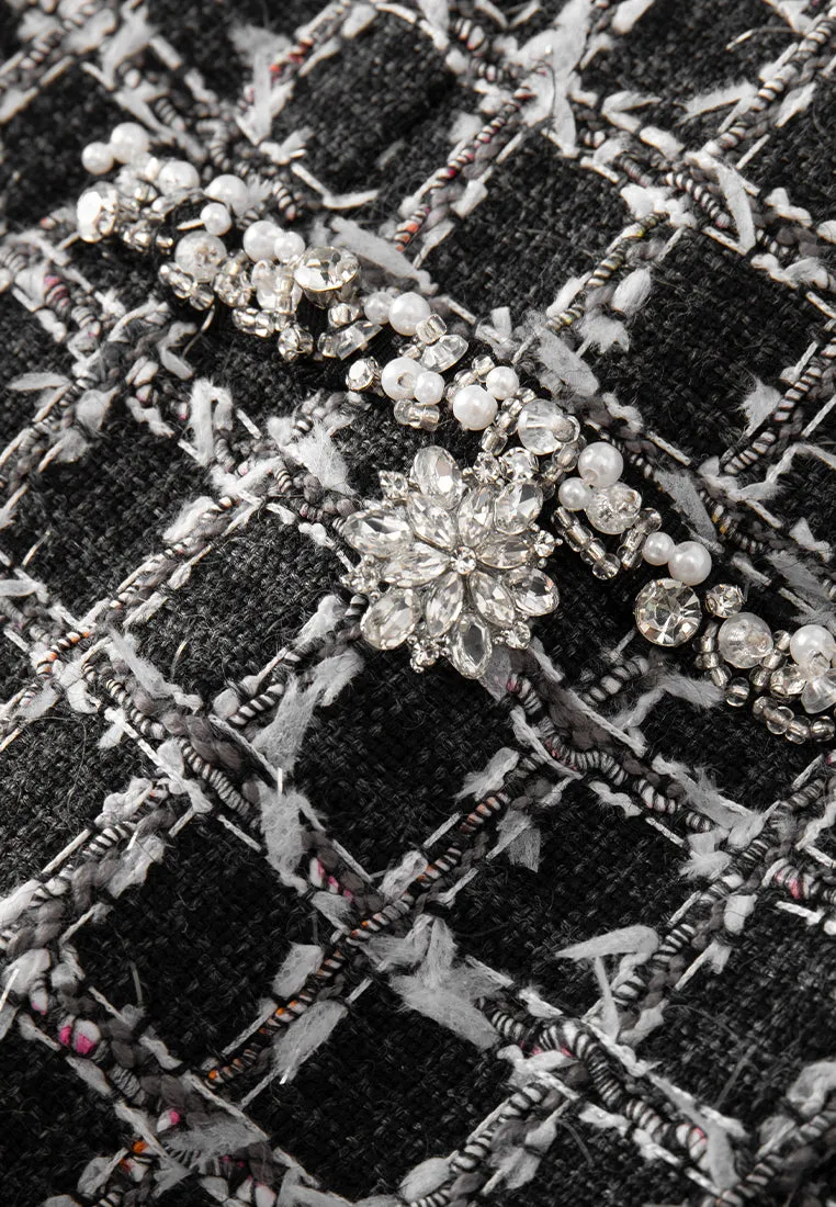 Lapel Crystal-detail Checked Midi Dress