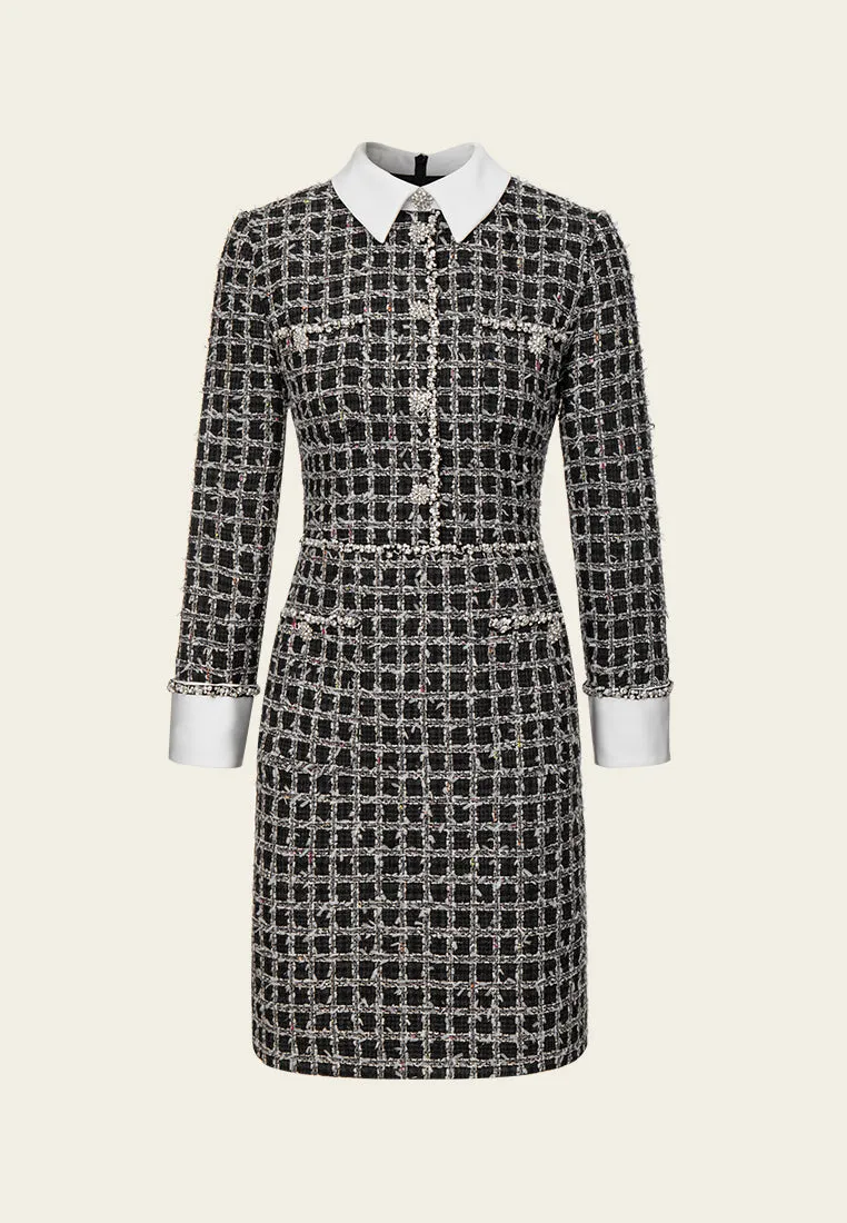 Lapel Crystal-detail Checked Midi Dress