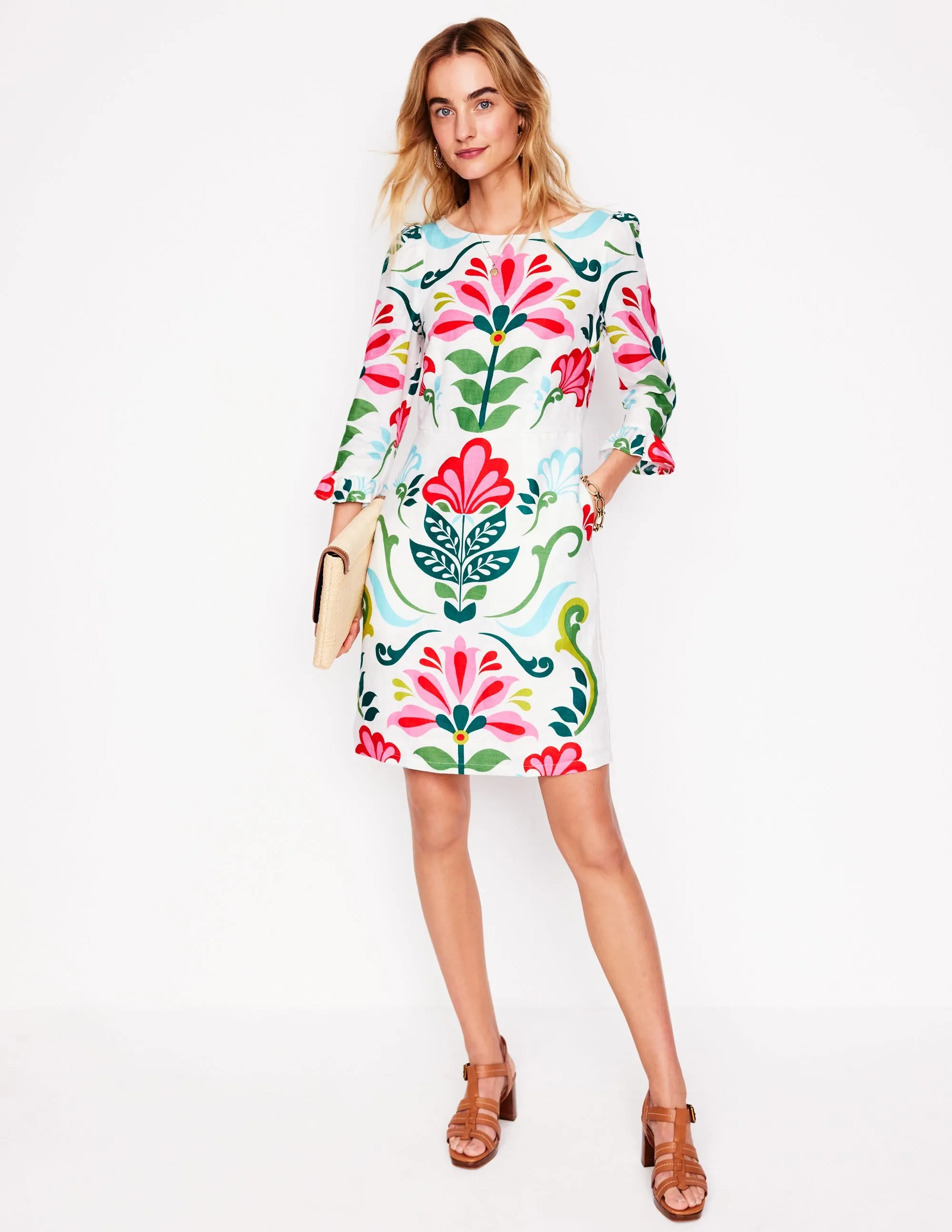 Linen Flute Sleeve Dress-Ivory. Decorative Stems