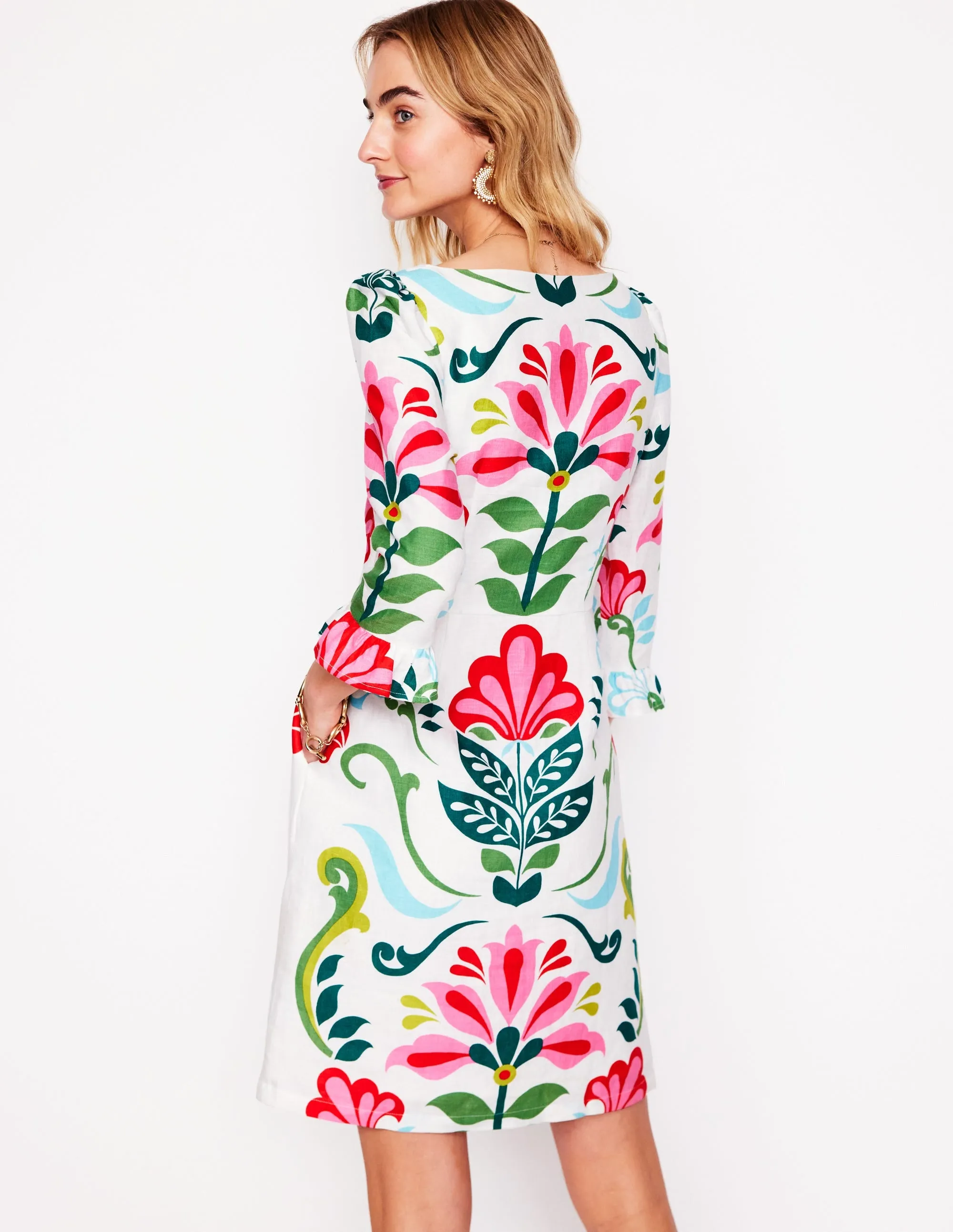Linen Flute Sleeve Dress-Ivory. Decorative Stems