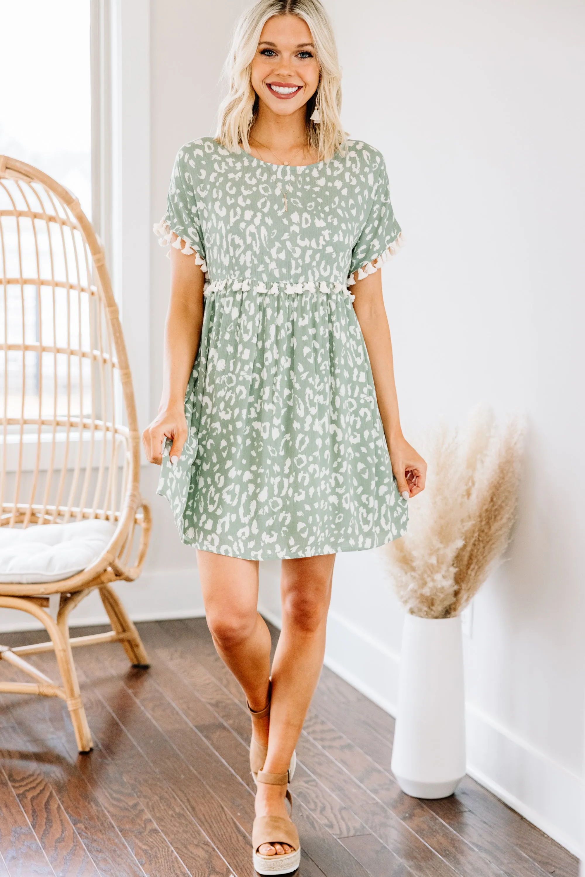 Live Your Life Sage Green Leopard Tassel Dress