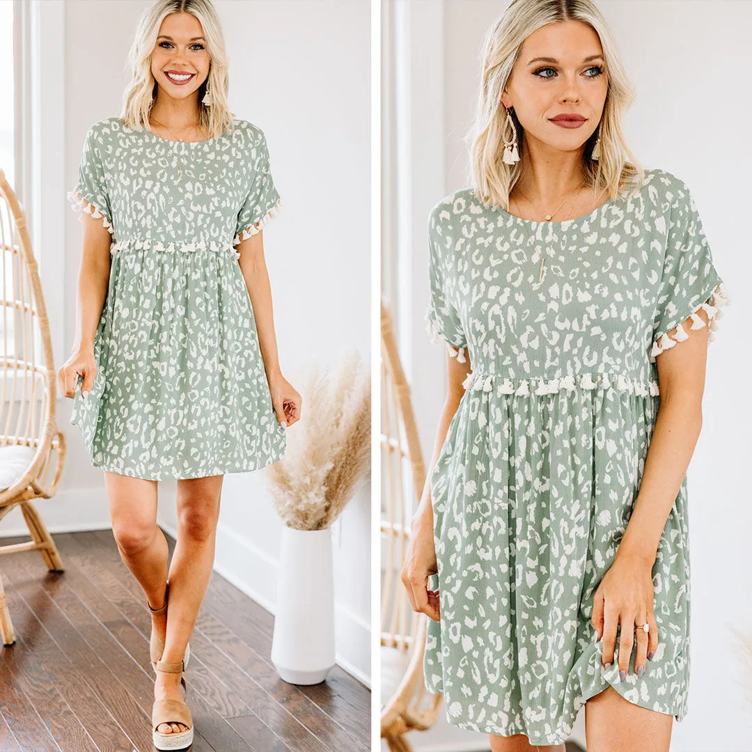 Live Your Life Sage Green Leopard Tassel Dress
