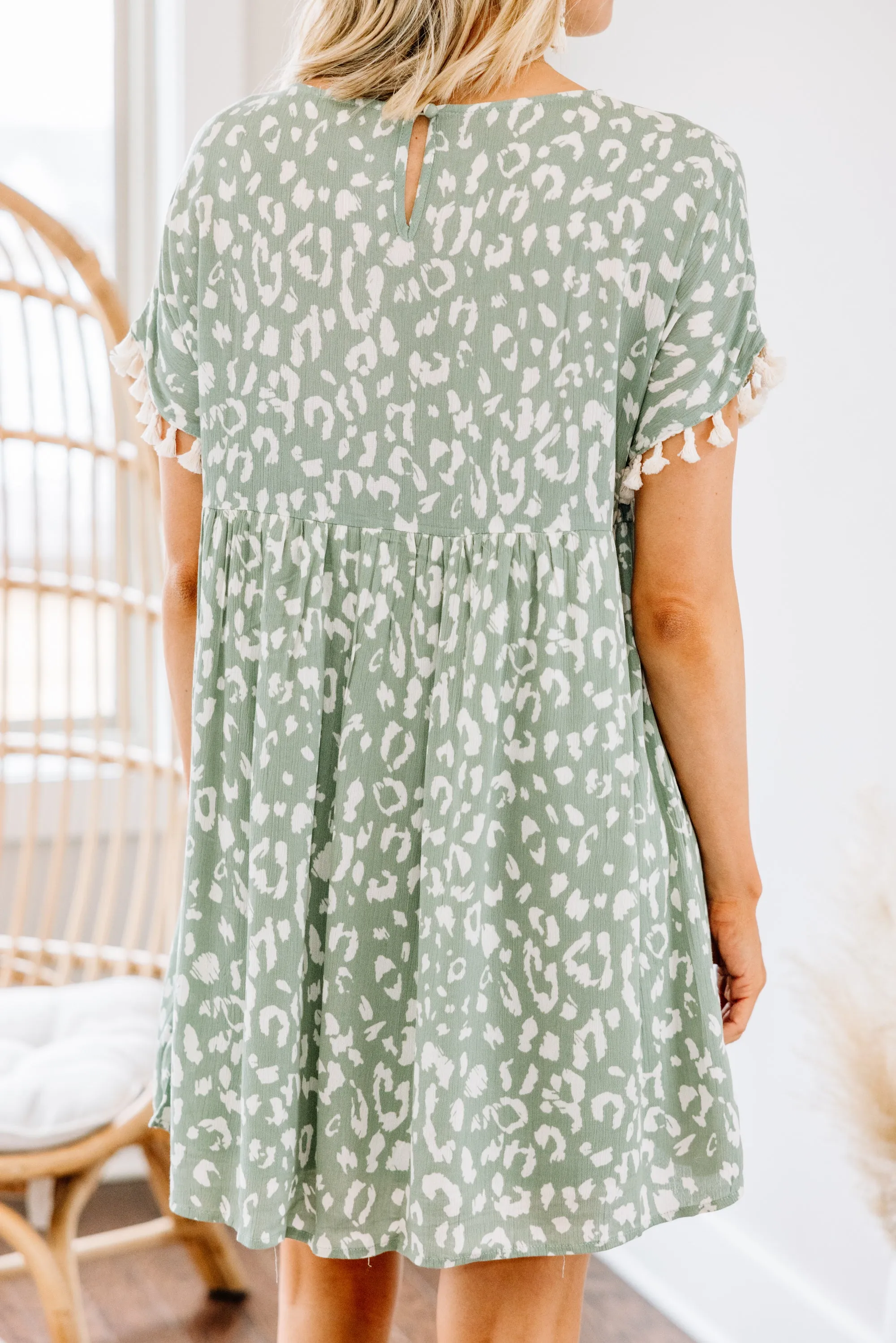 Live Your Life Sage Green Leopard Tassel Dress