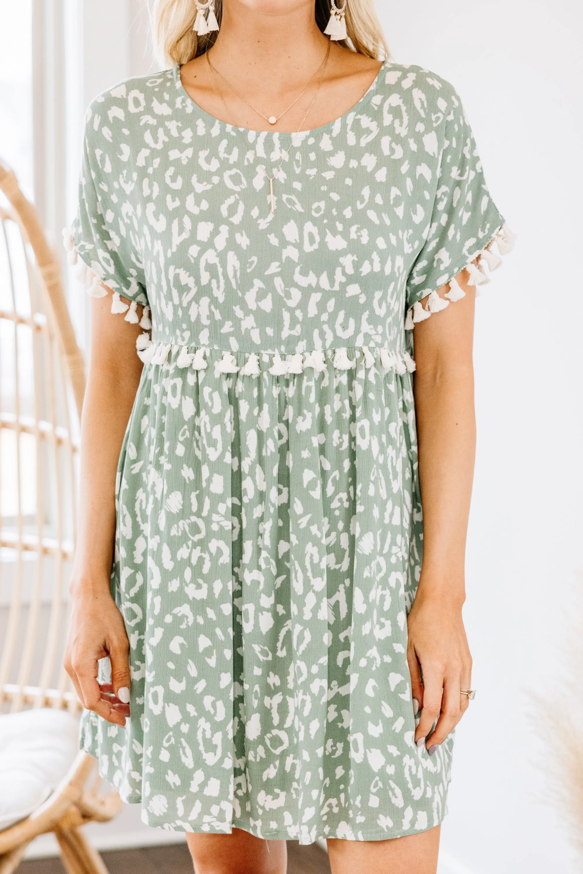 Live Your Life Sage Green Leopard Tassel Dress