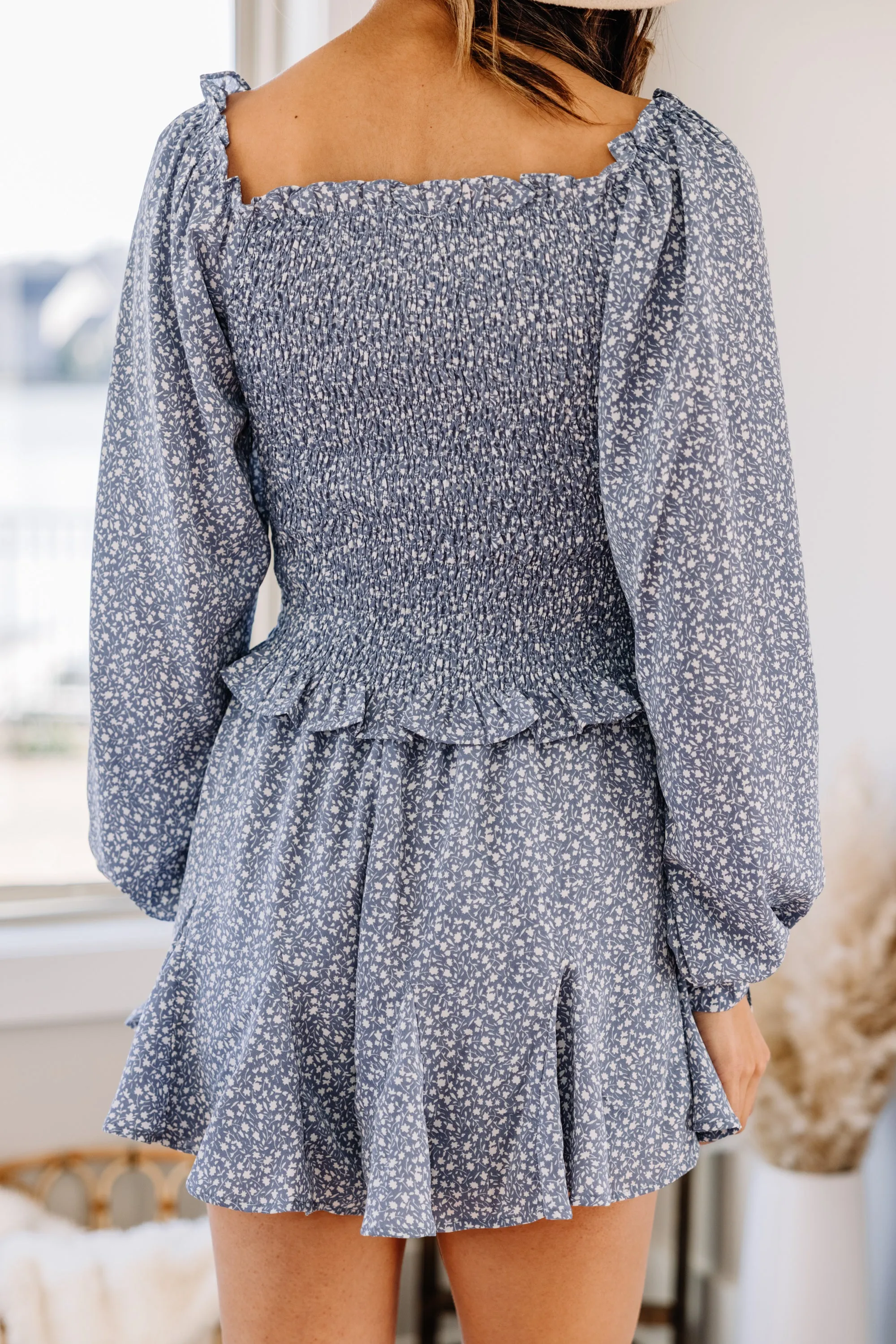 Living For The Days Misty Blue Ditsy Floral Top