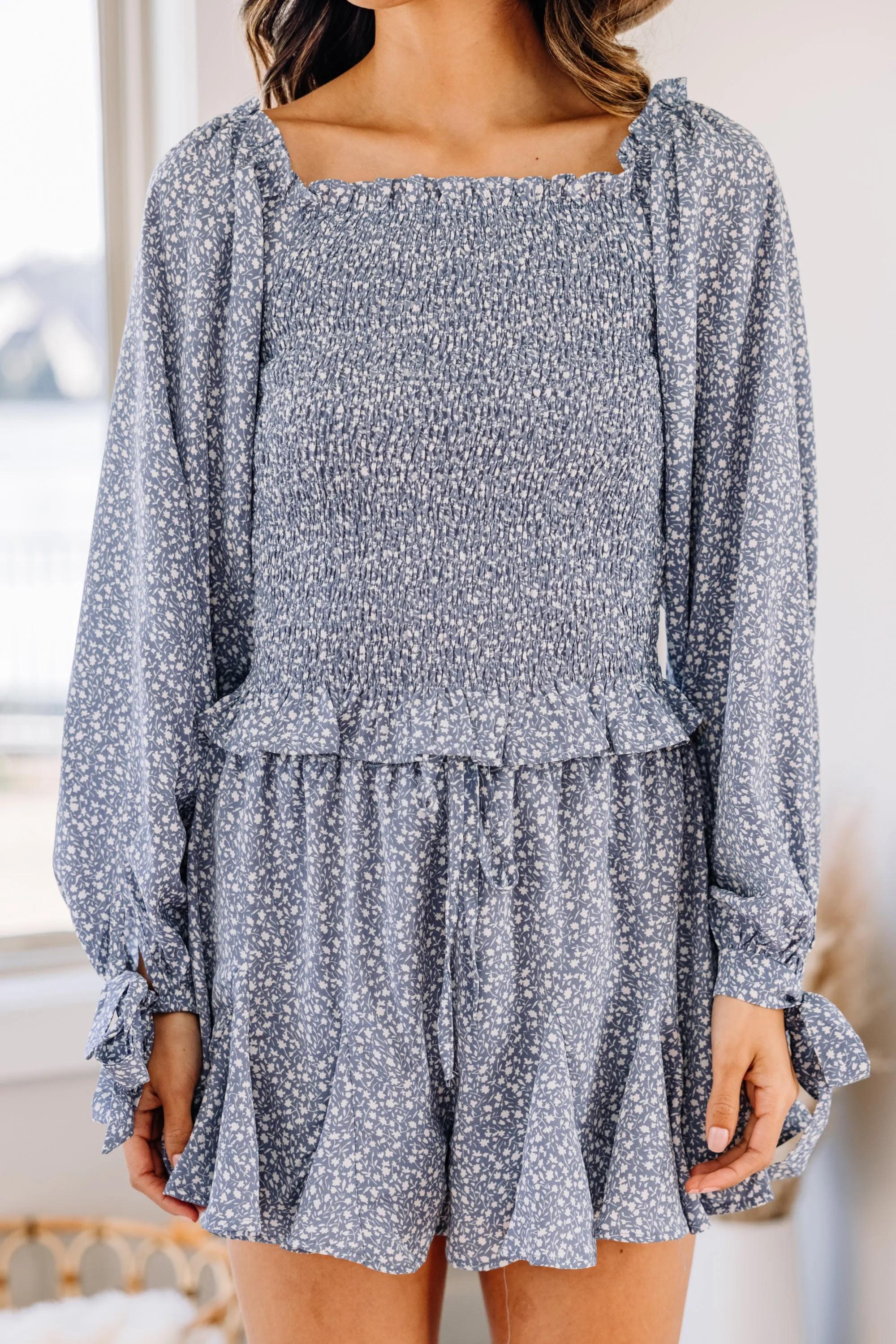 Living For The Days Misty Blue Ditsy Floral Top