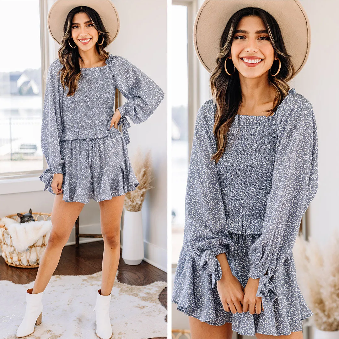 Living For The Days Misty Blue Ditsy Floral Top