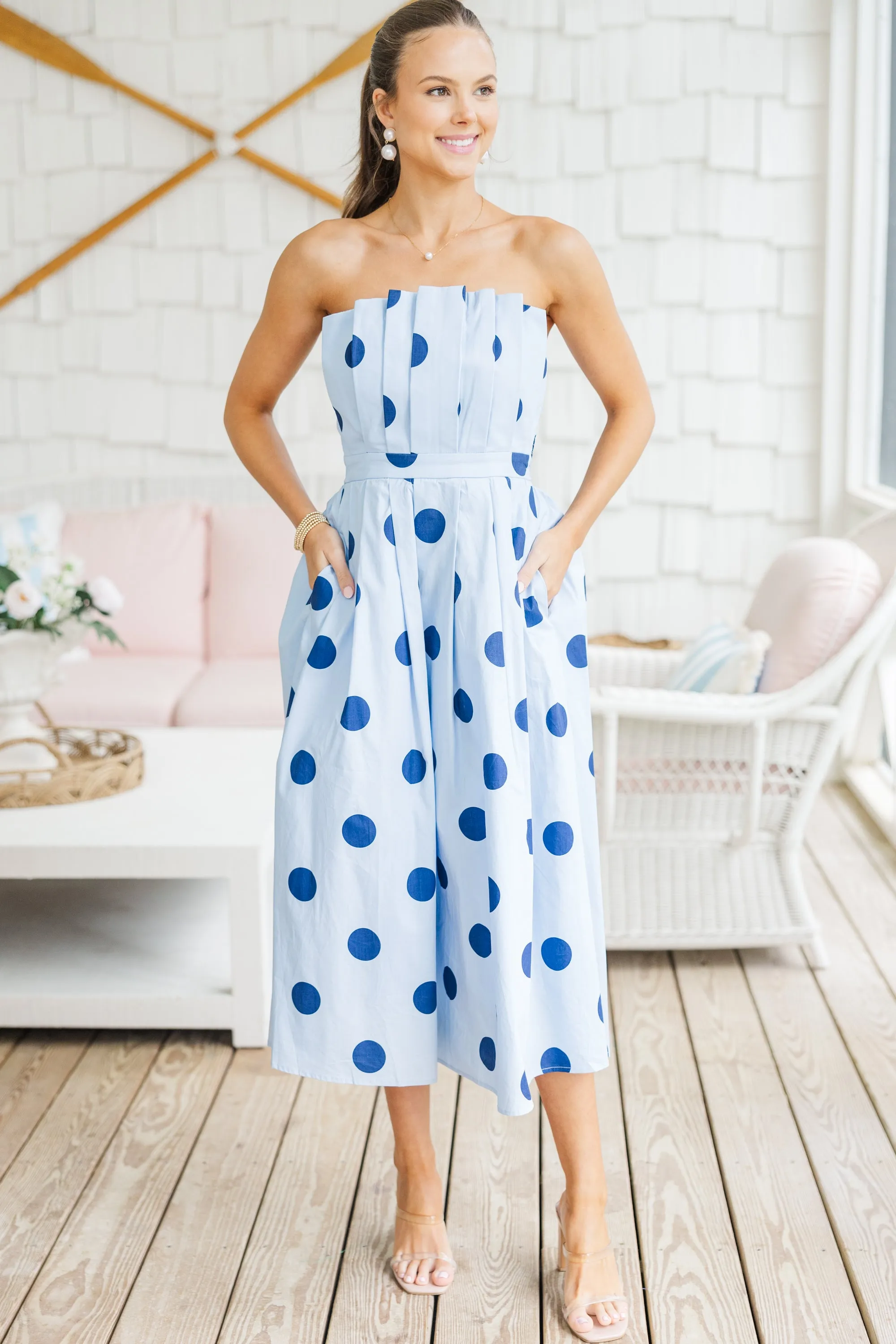 Look It Over Blue Polka Dot Midi Dress