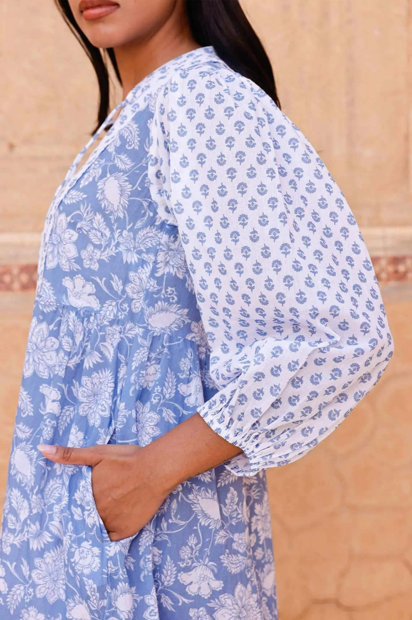 Marina Organic Cotton Print Mix Dress | Blossom Print Blue/White