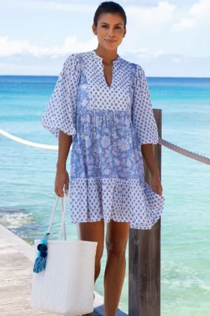 Marina Organic Cotton Print Mix Dress | Blossom Print Blue/White