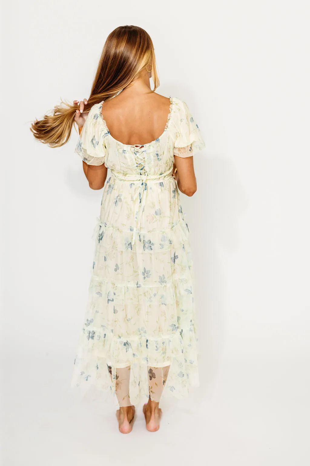 Martha Puff Sleeve Midi Dress in Ivory Mutli
