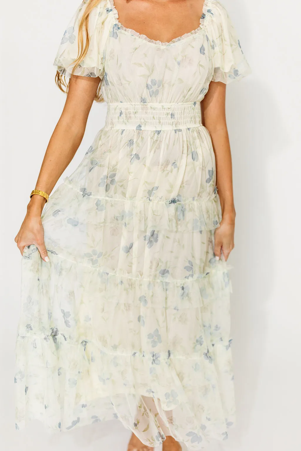 Martha Puff Sleeve Midi Dress in Ivory Mutli