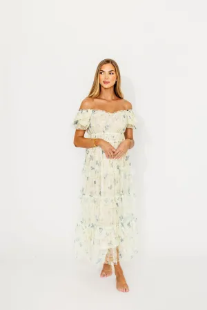 Martha Puff Sleeve Midi Dress in Ivory Mutli