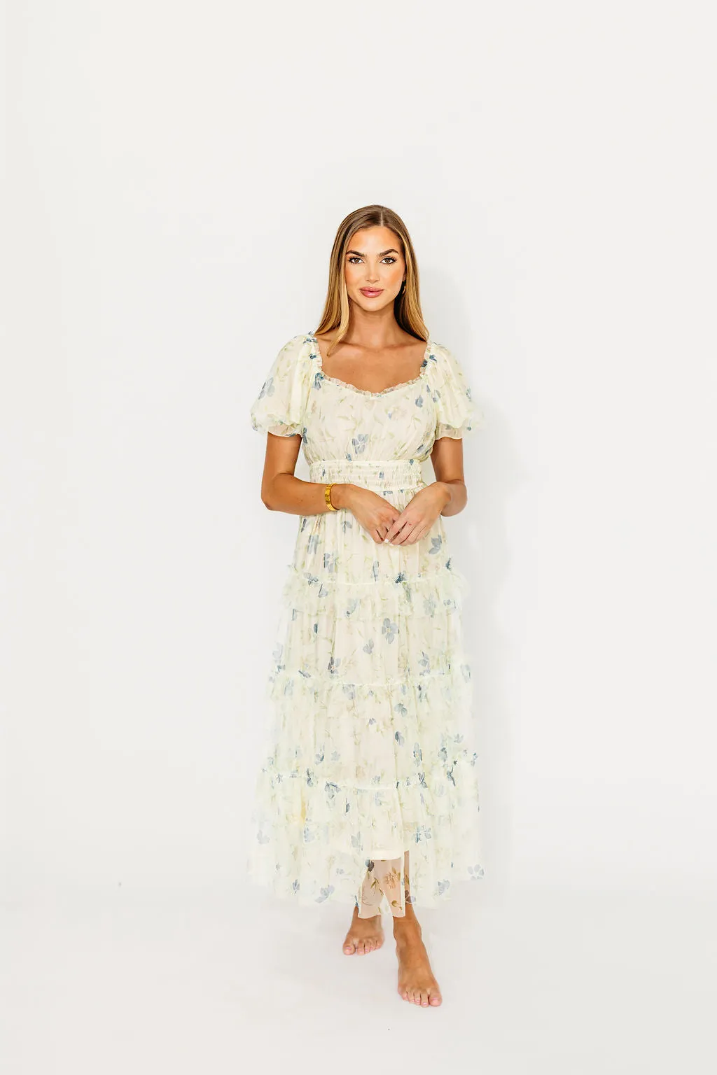 Martha Puff Sleeve Midi Dress in Ivory Mutli