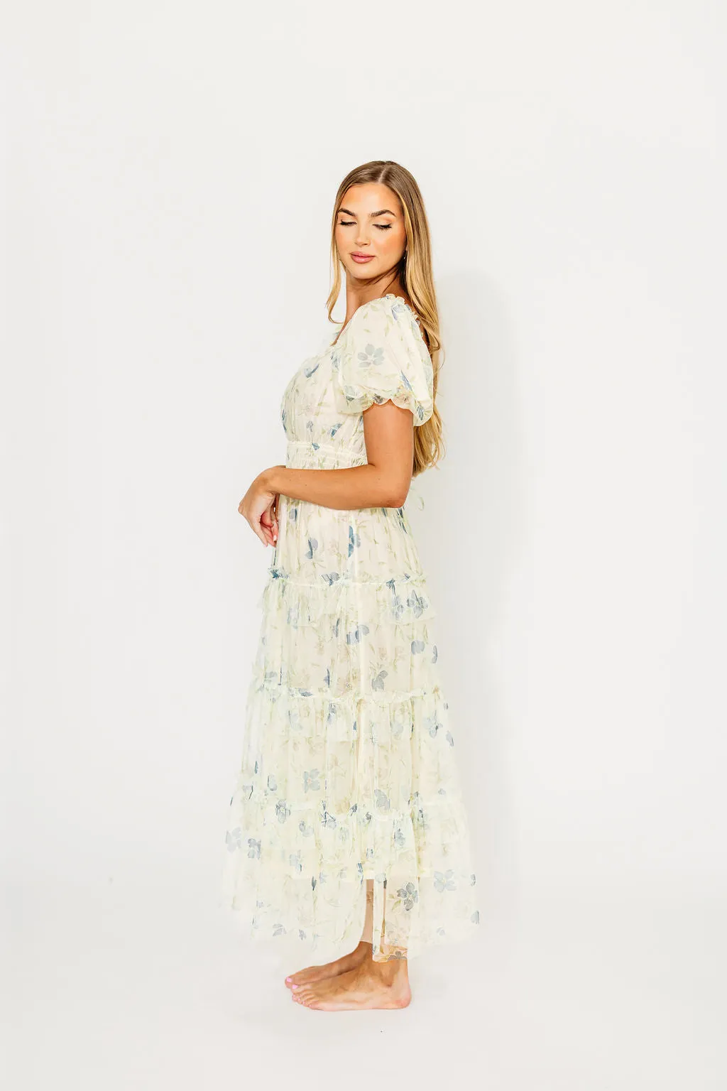Martha Puff Sleeve Midi Dress in Ivory Mutli