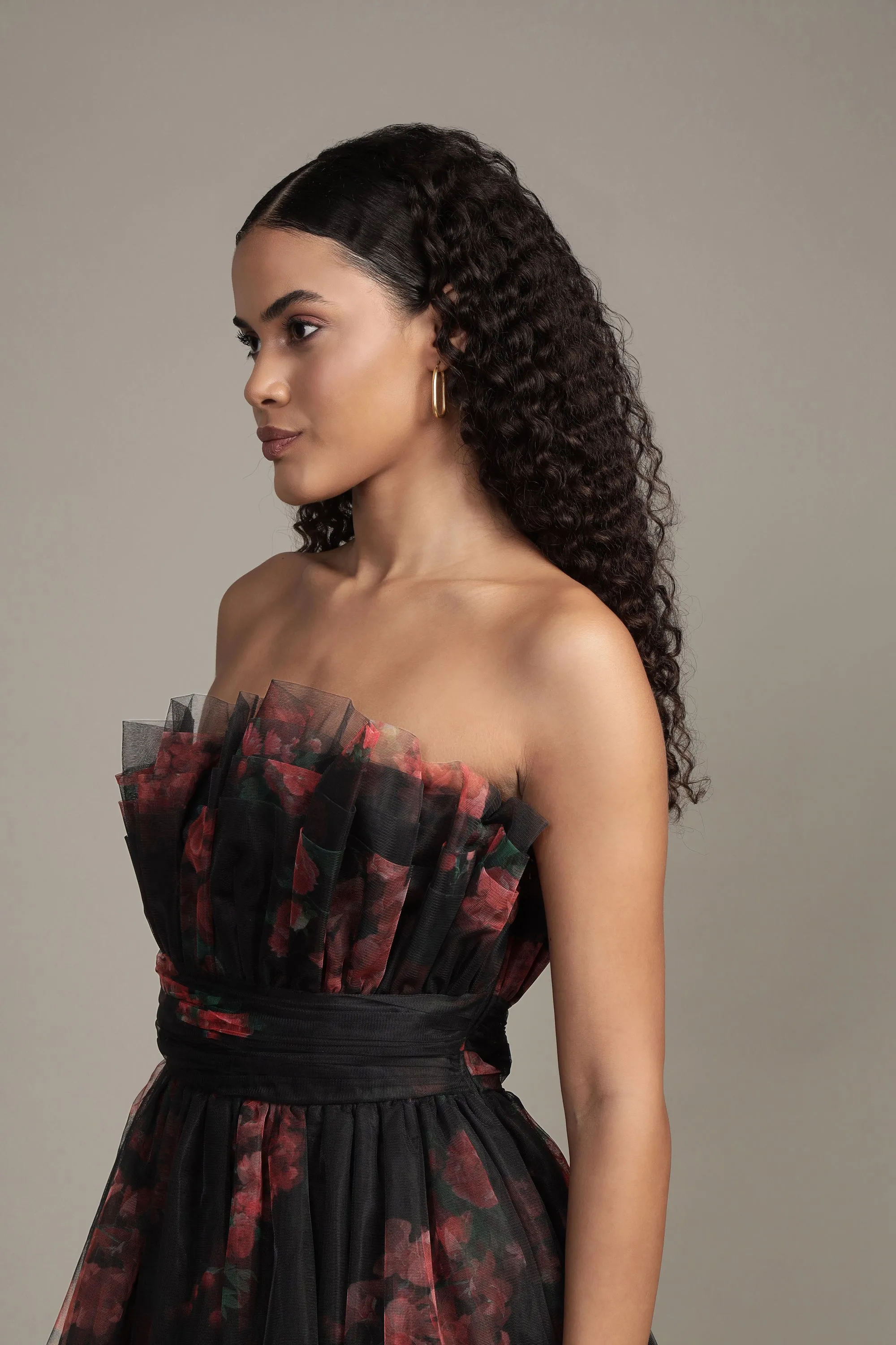 Natalia Tulle Maxi Dress in Black and Red Floral