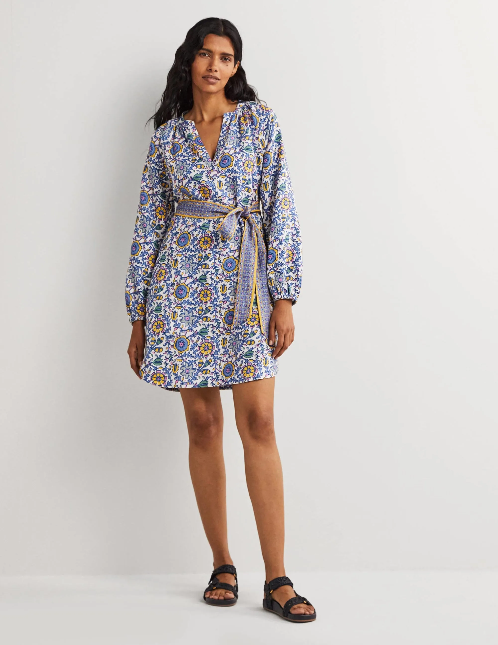 Notch Neck Linen Mini Dress-Riviera Blue. Enchanting Twig