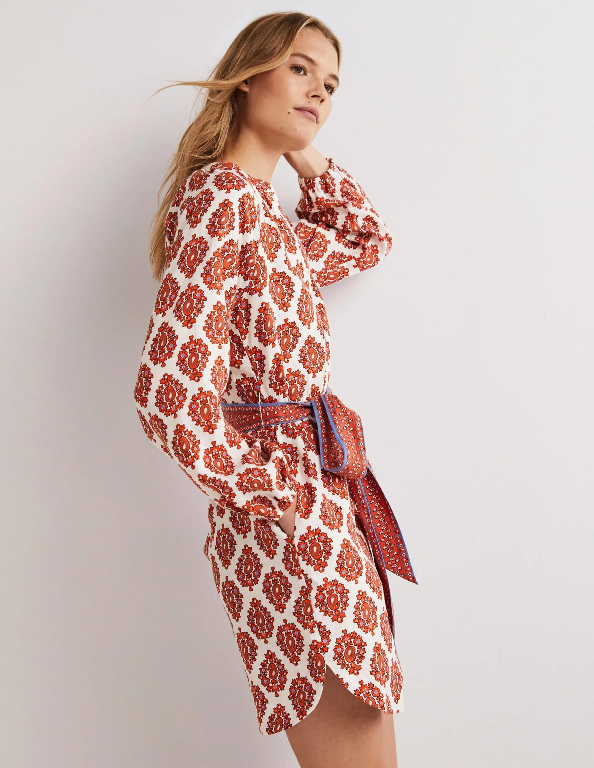 Notch Neck Linen Mini Dress-Tigerlily. Opulent Paisley