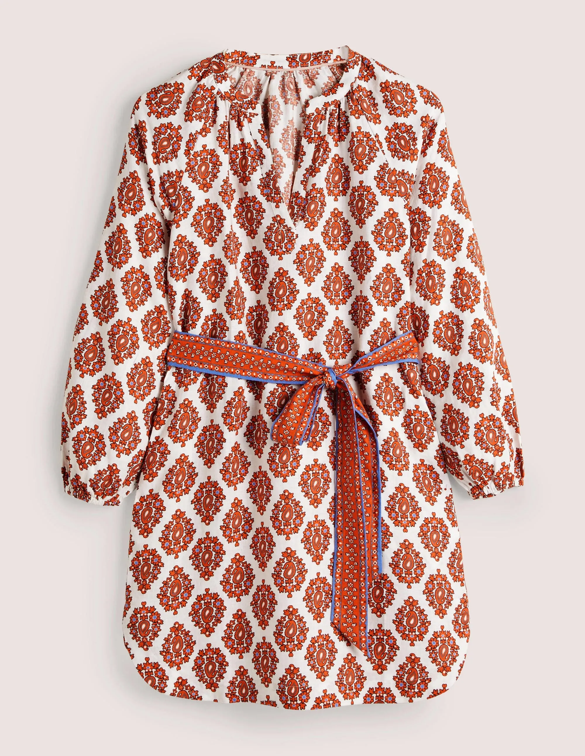 Notch Neck Linen Mini Dress-Tigerlily. Opulent Paisley
