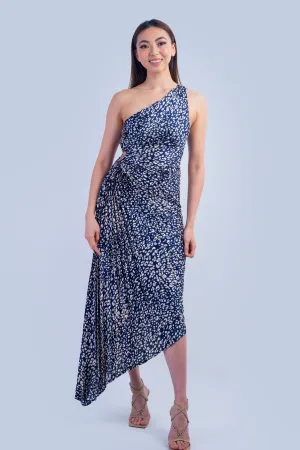 One Shoulder Asymmetrical Pleated Navy Leopard Dress