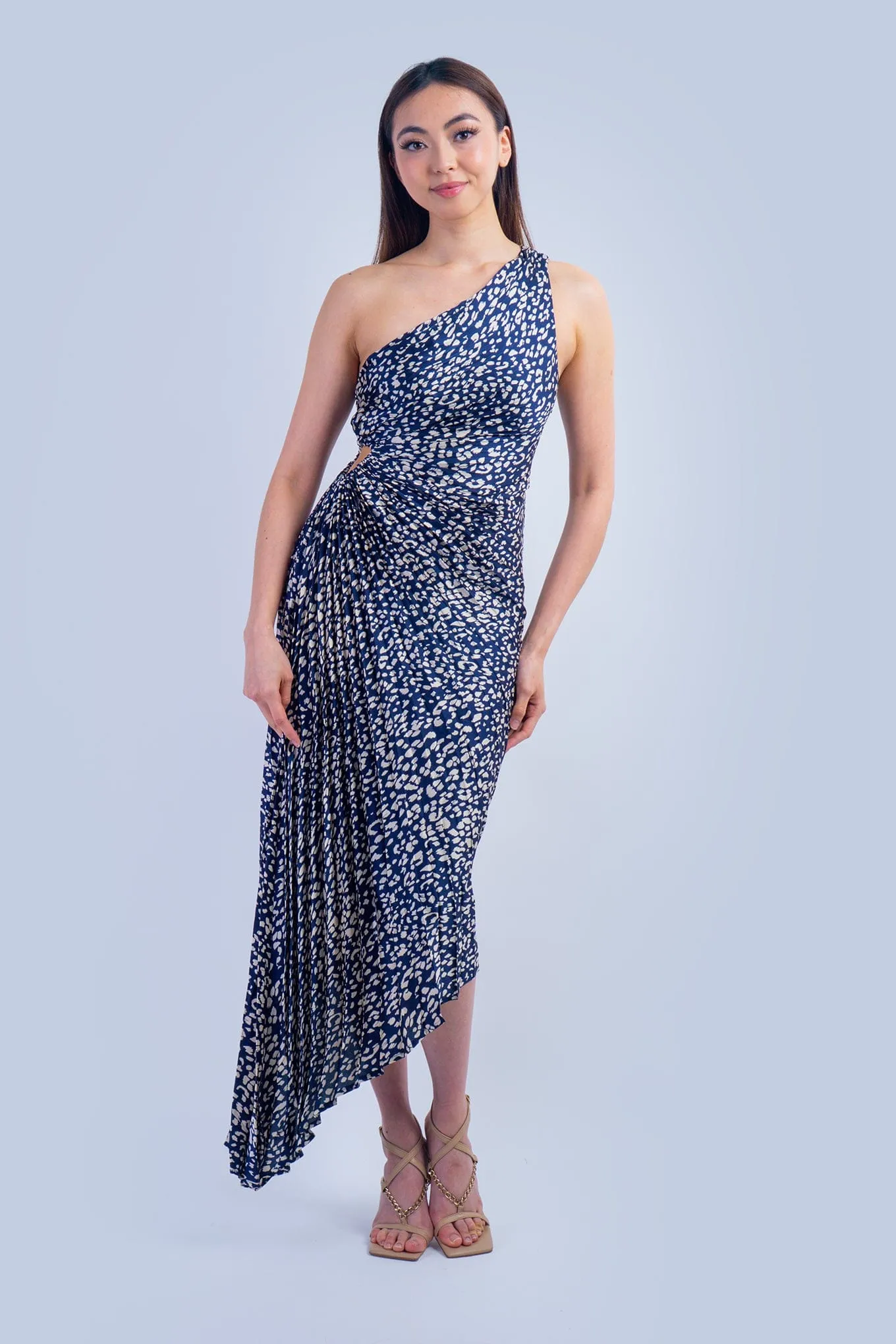 One Shoulder Asymmetrical Pleated Navy Leopard Dress