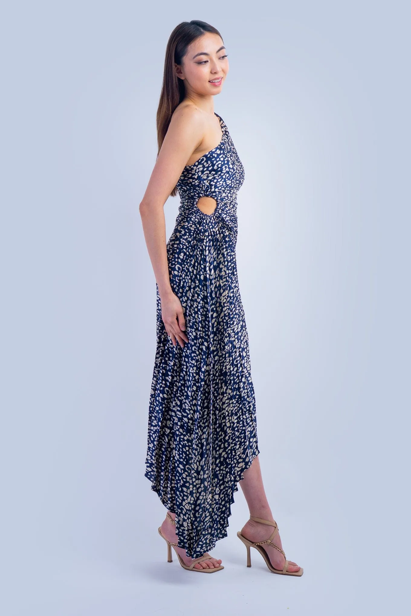 One Shoulder Asymmetrical Pleated Navy Leopard Dress