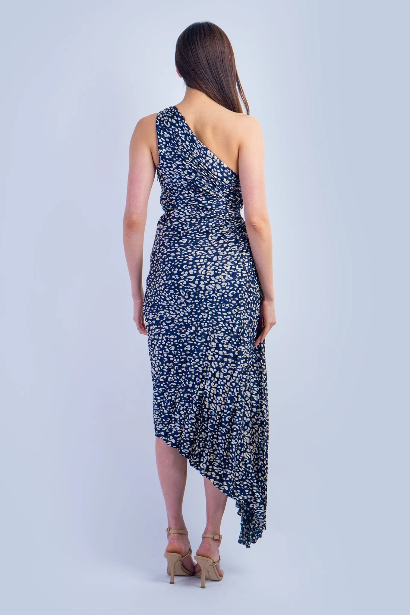 One Shoulder Asymmetrical Pleated Navy Leopard Dress