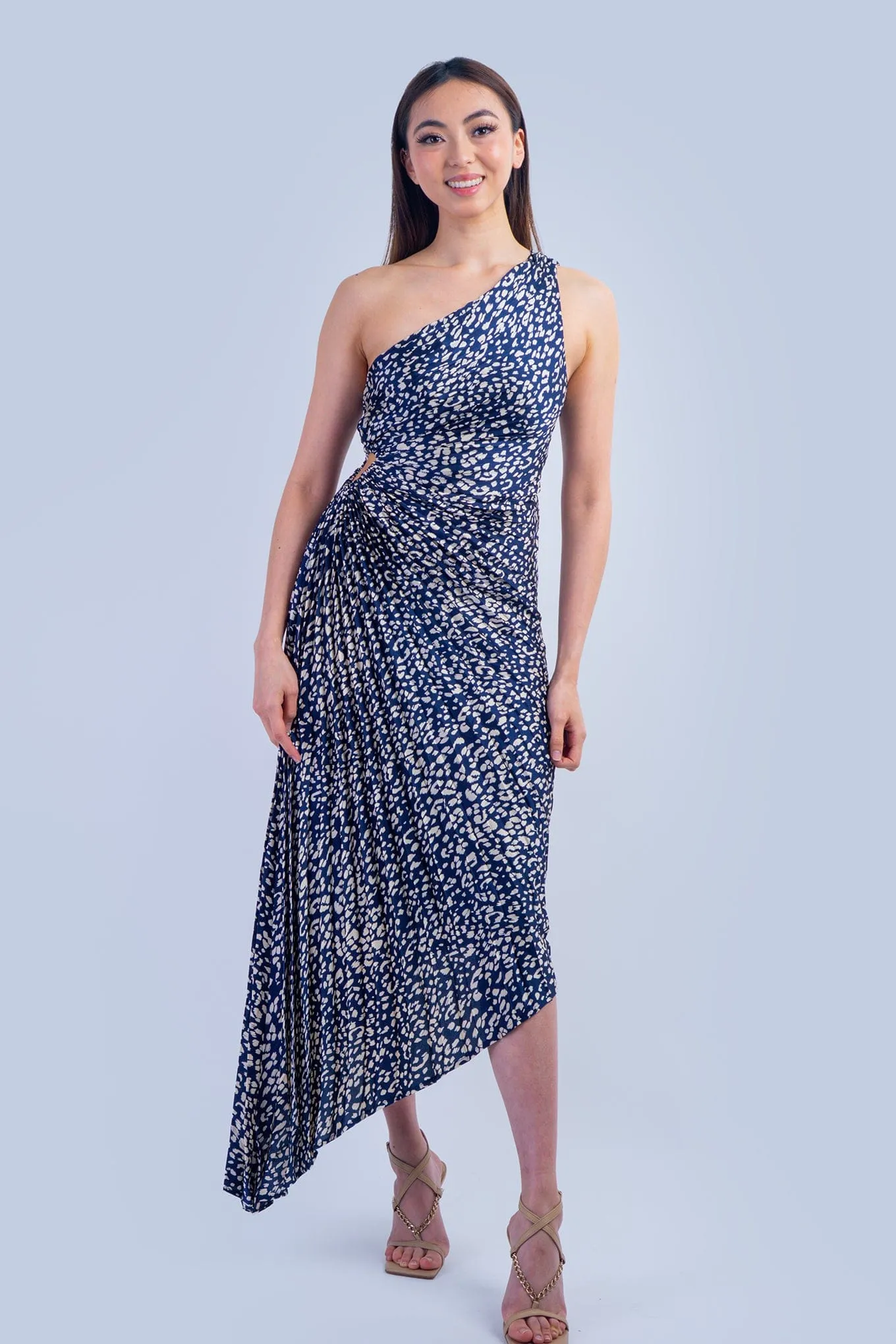 One Shoulder Asymmetrical Pleated Navy Leopard Dress