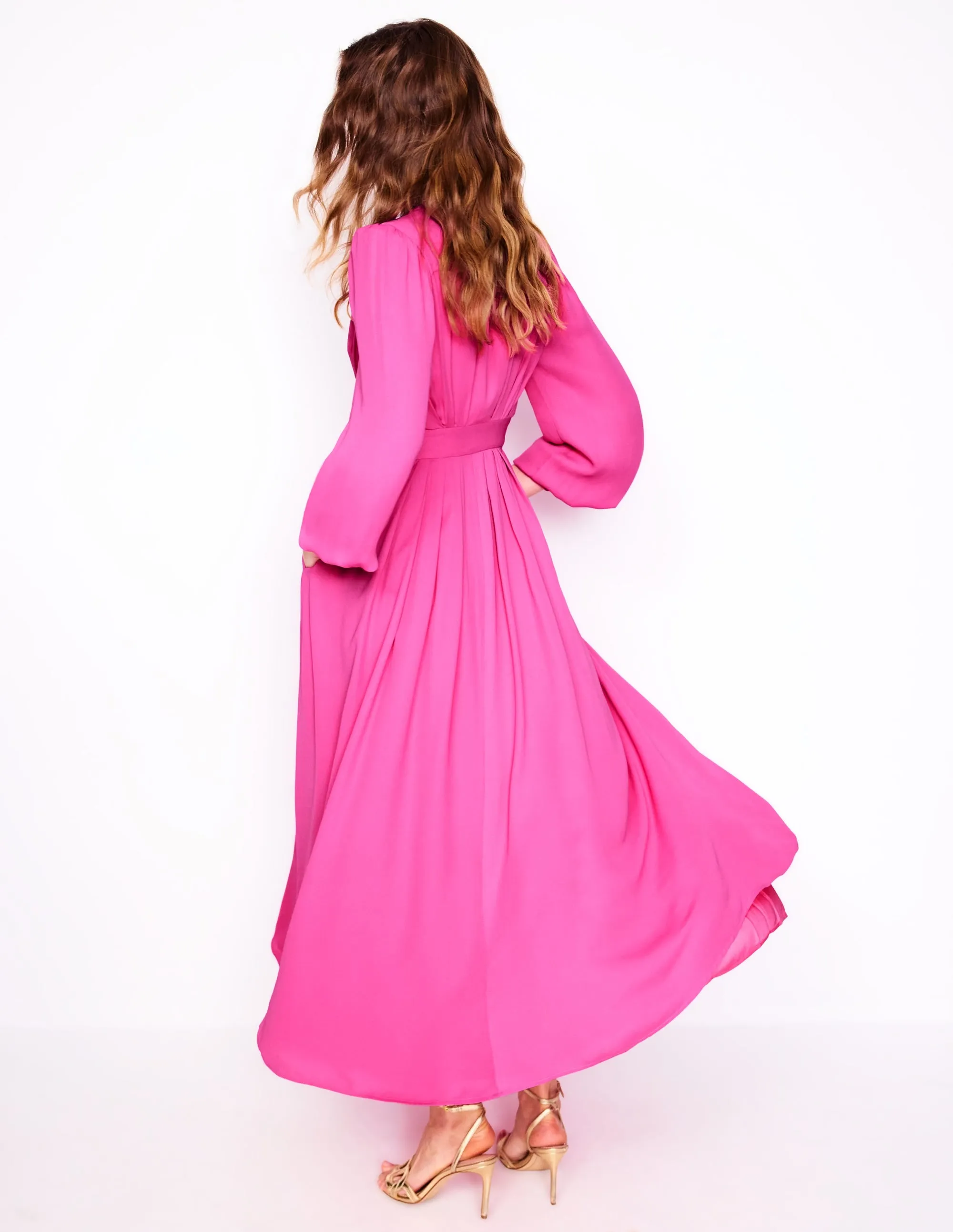 Pleat Detail Blouson Dress-Cosmos Pink