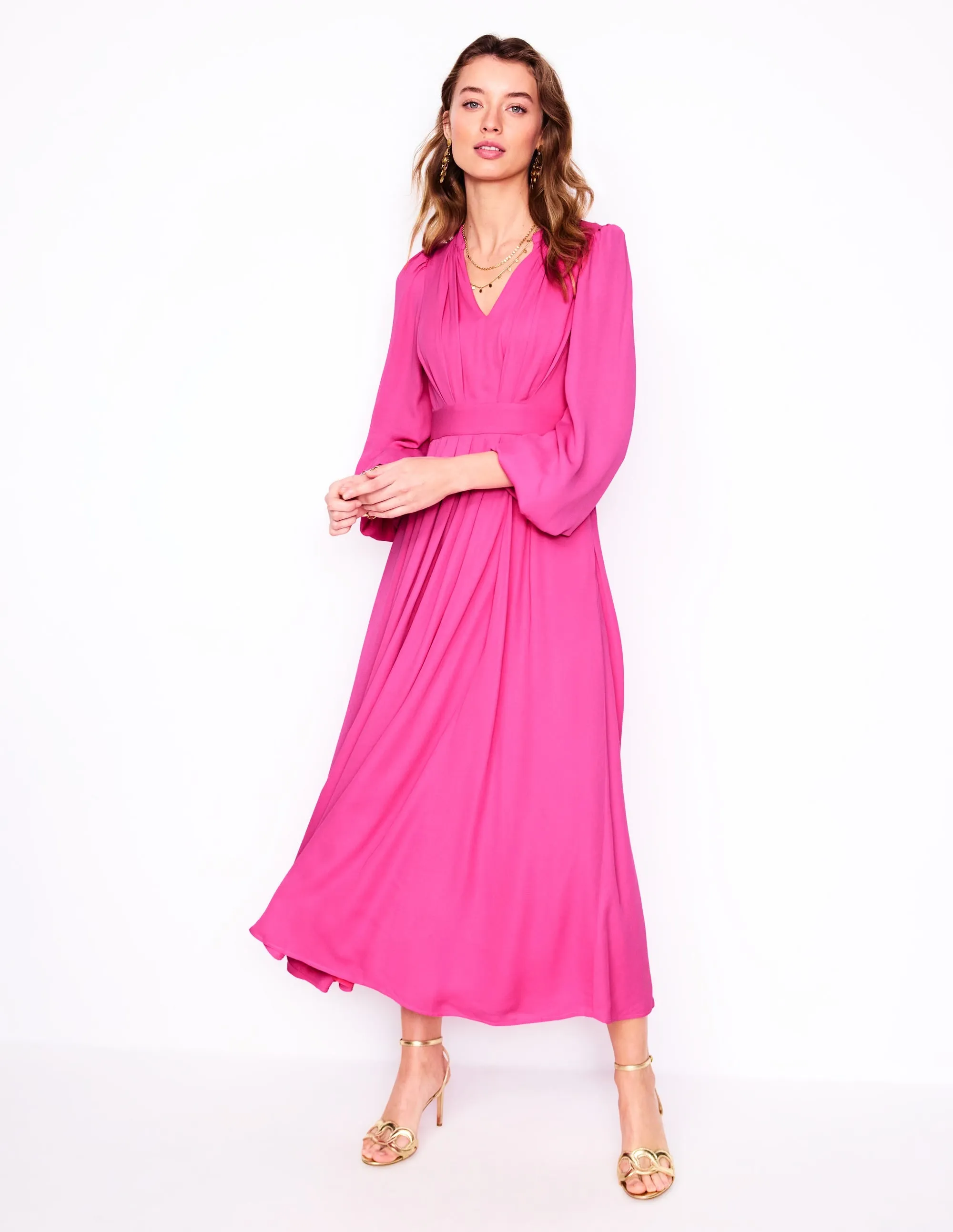 Pleat Detail Blouson Dress-Cosmos Pink