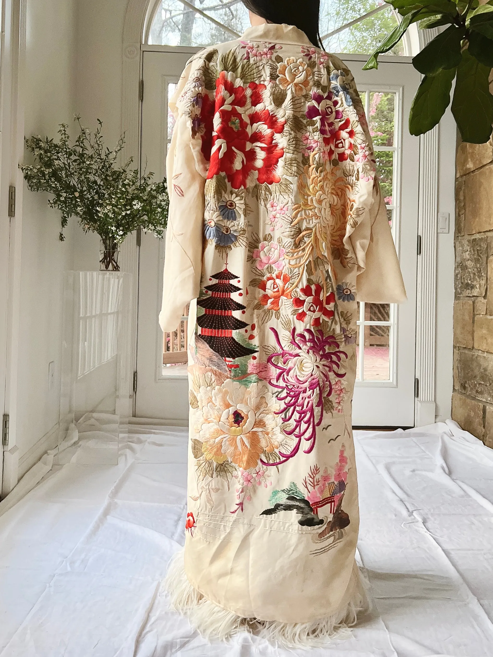 RARE Antique Couched Silk Floral Embroidered Kimono - OSFM