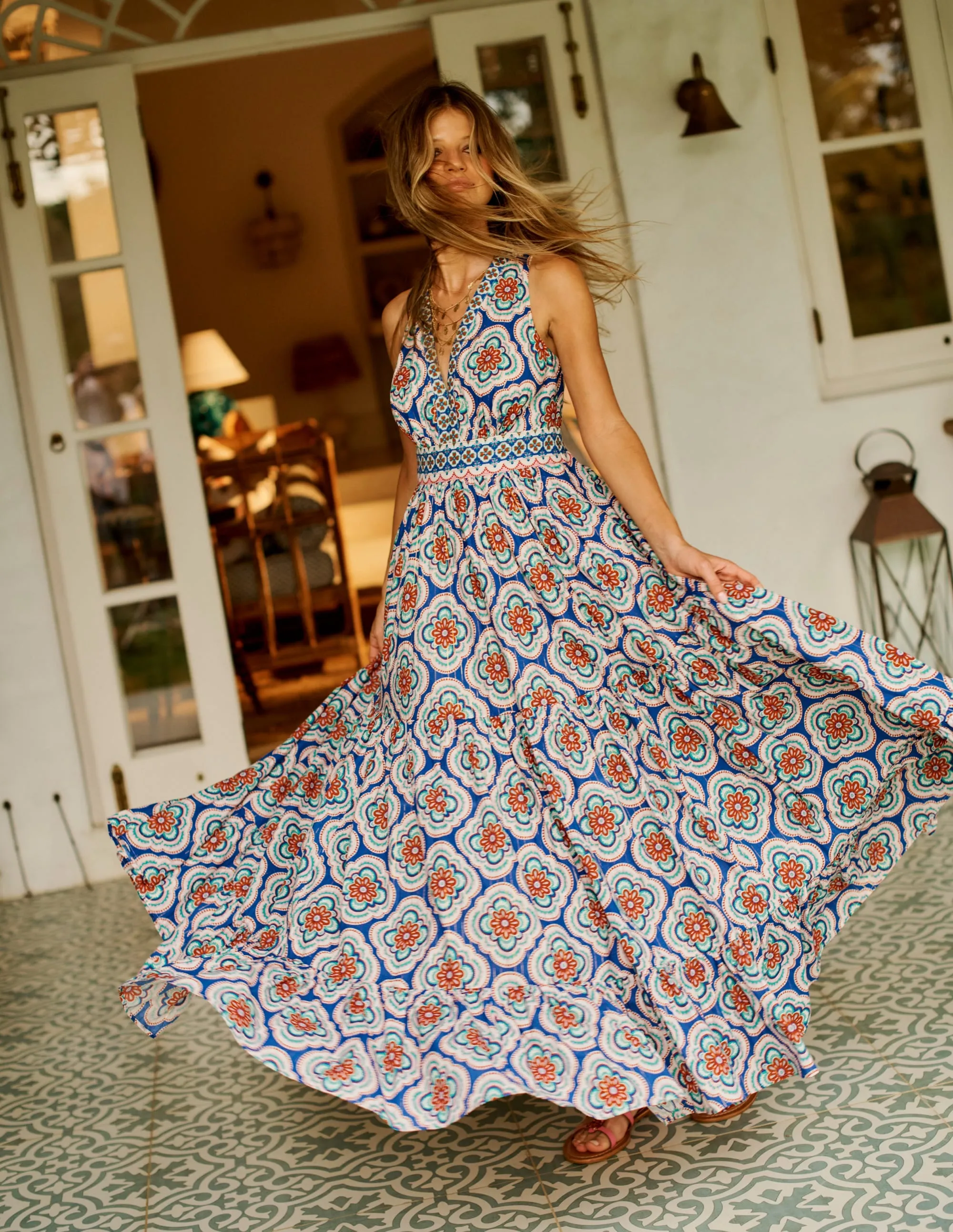 Serena Cotton Tie Maxi Dress-Multi. Botanic Blush