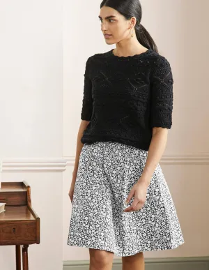 Shirred Waist Cotton Skirt-Black. Wildflower Sprig