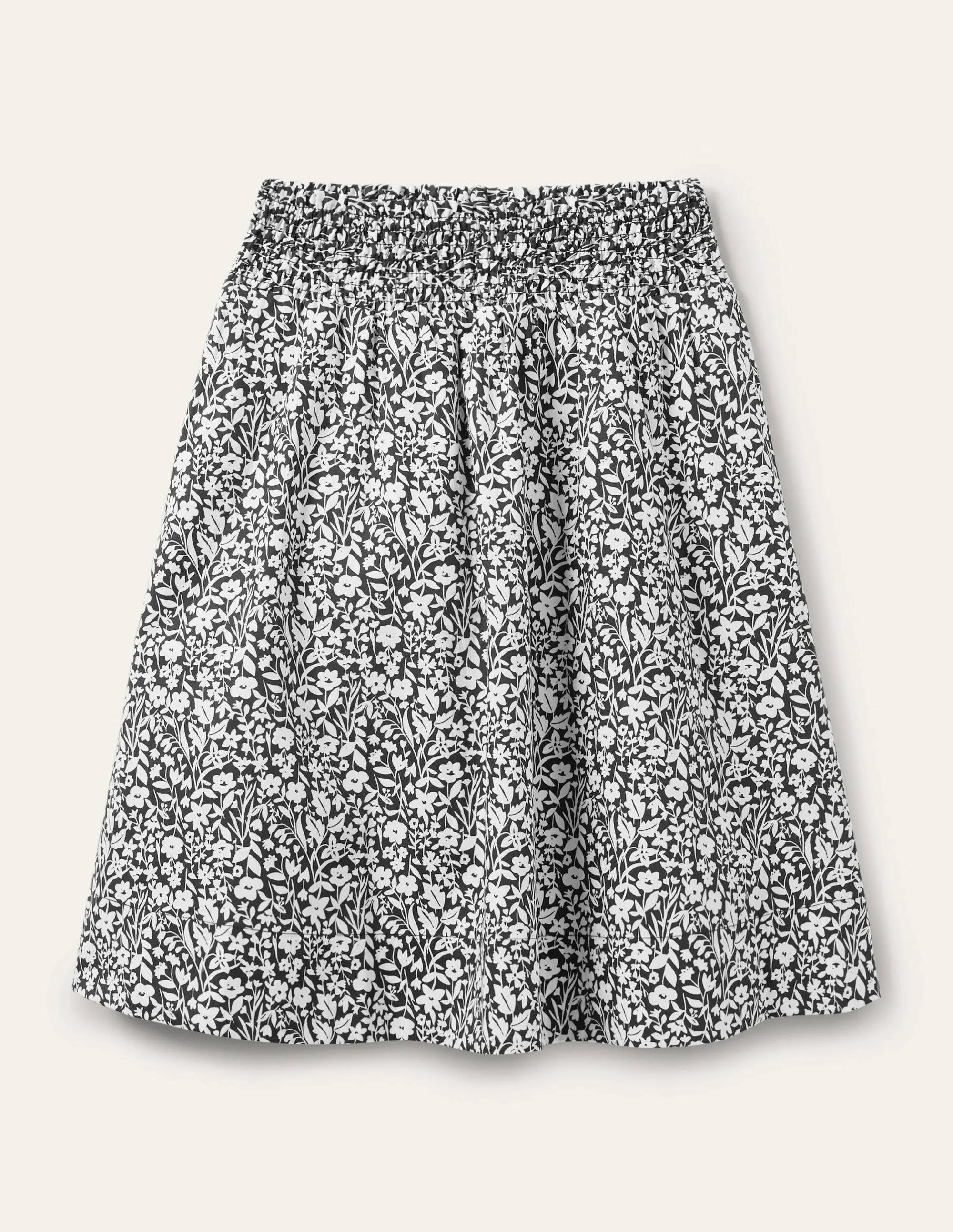 Shirred Waist Cotton Skirt-Black. Wildflower Sprig