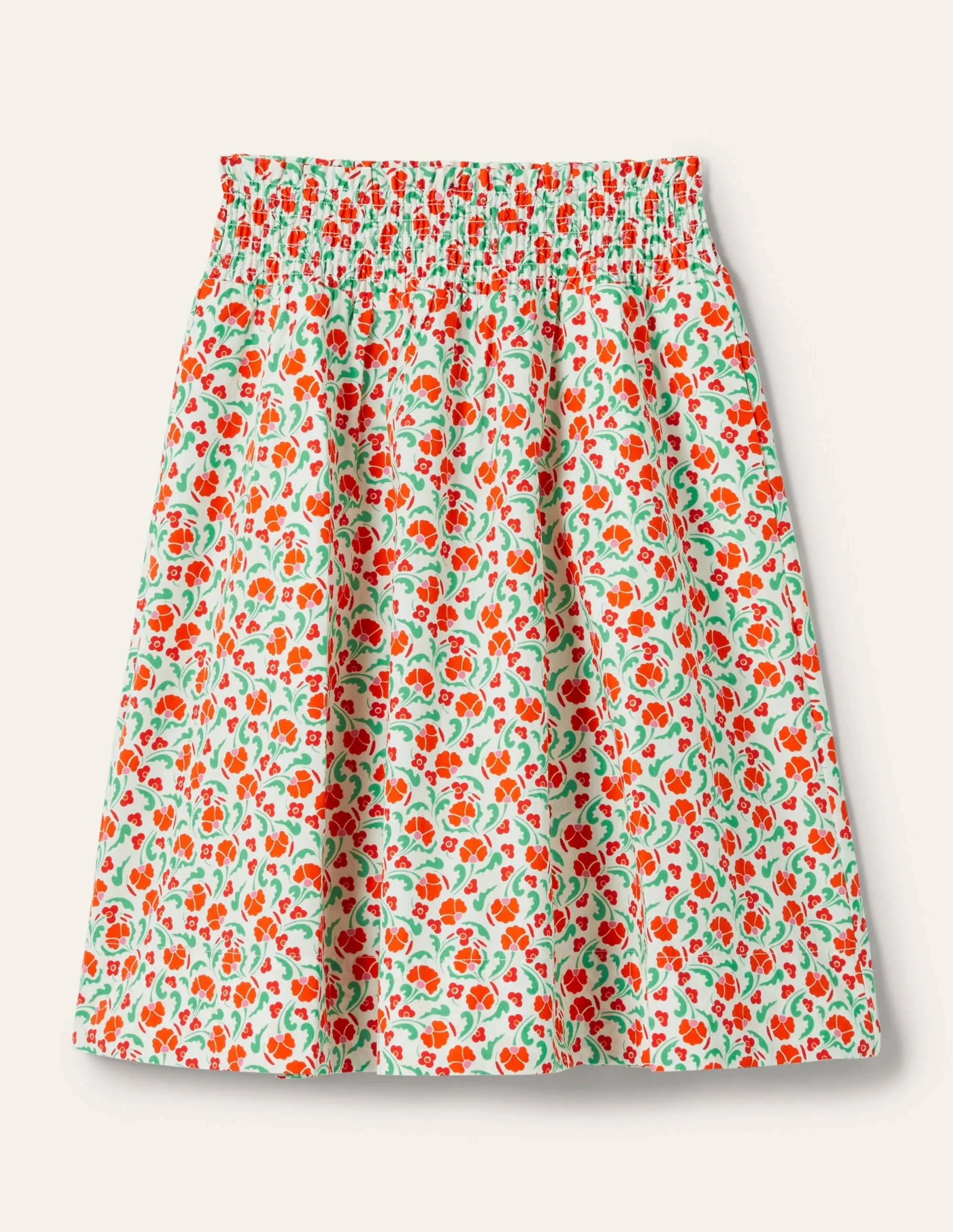 Shirred Waist Cotton Skirt-Bright Papaya. Delicate Bud