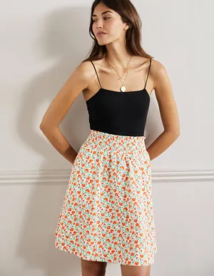 Shirred Waist Cotton Skirt-Bright Papaya. Delicate Bud