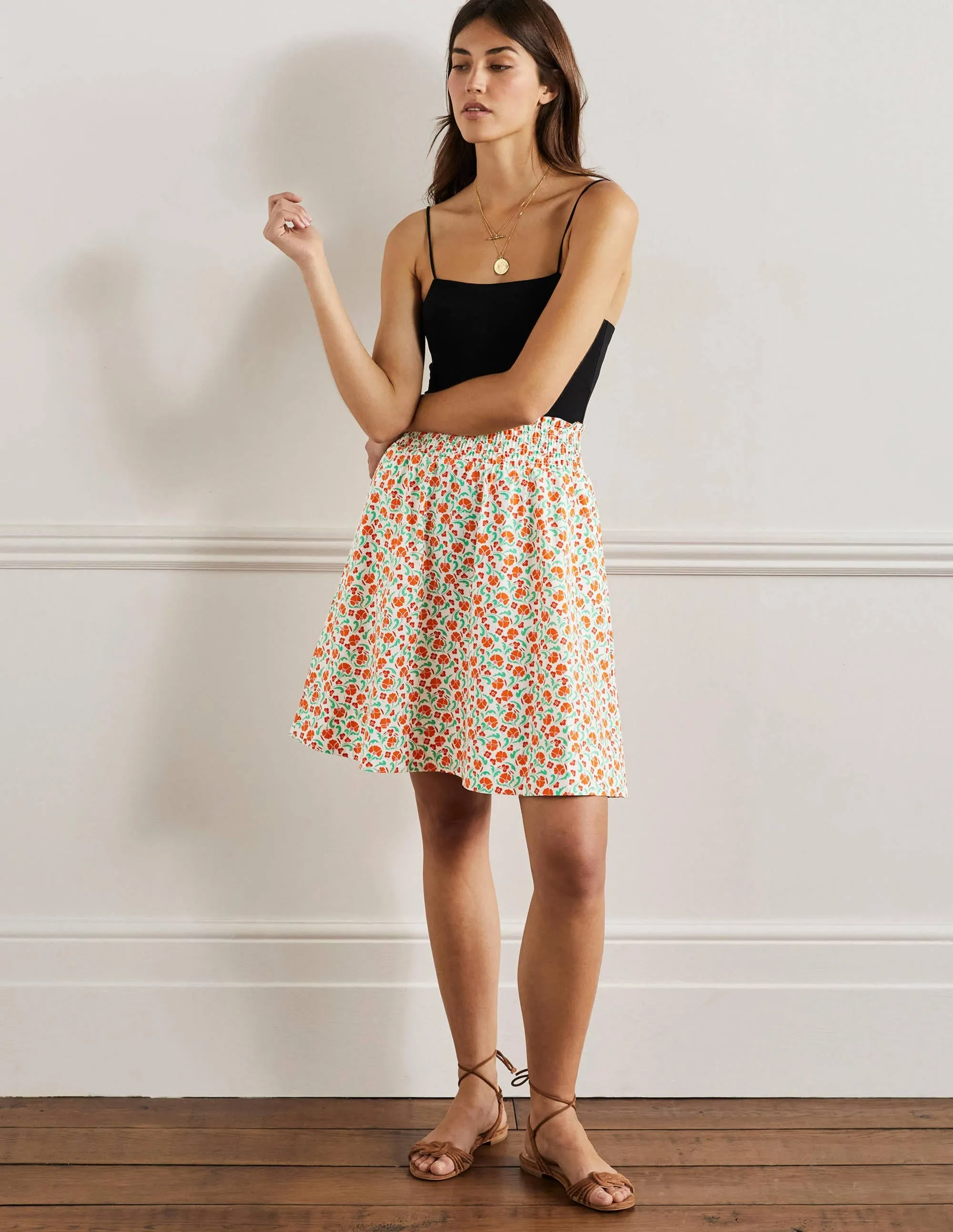 Shirred Waist Cotton Skirt-Bright Papaya. Delicate Bud