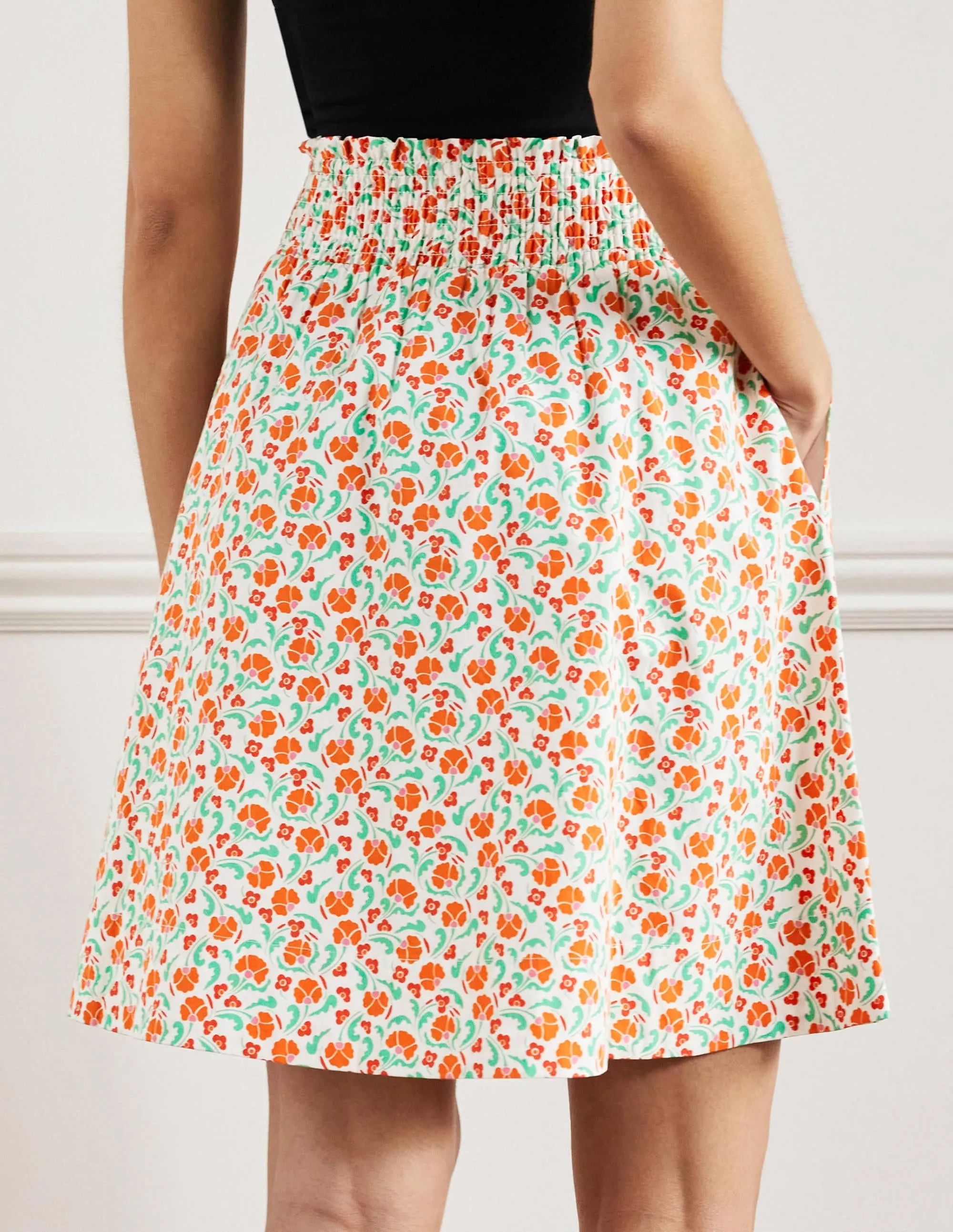 Shirred Waist Cotton Skirt-Bright Papaya. Delicate Bud