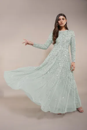 Sila Long Sleeve Embellished Maxi Dress in Sage Green