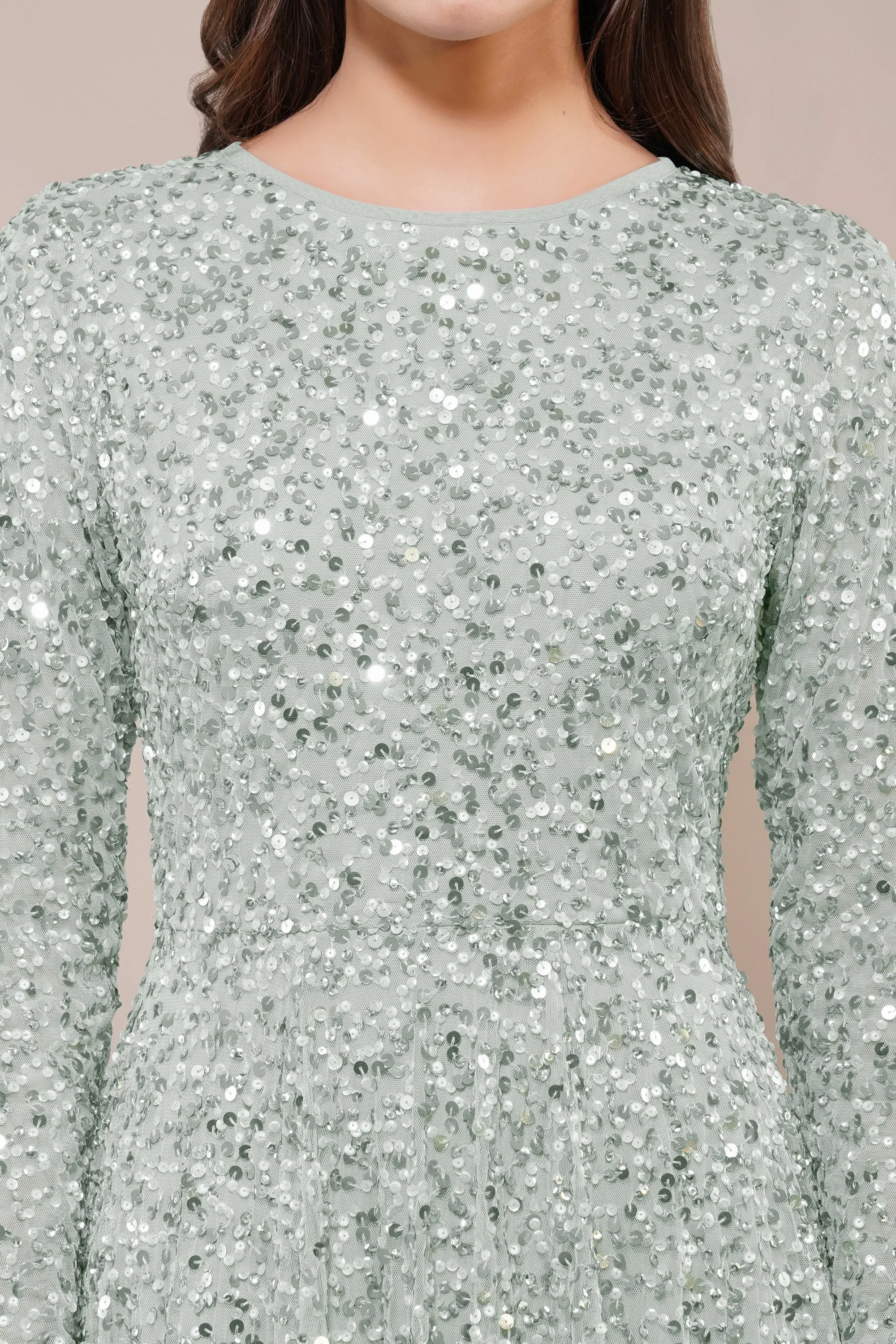Sila Long Sleeve Embellished Maxi Dress in Sage Green