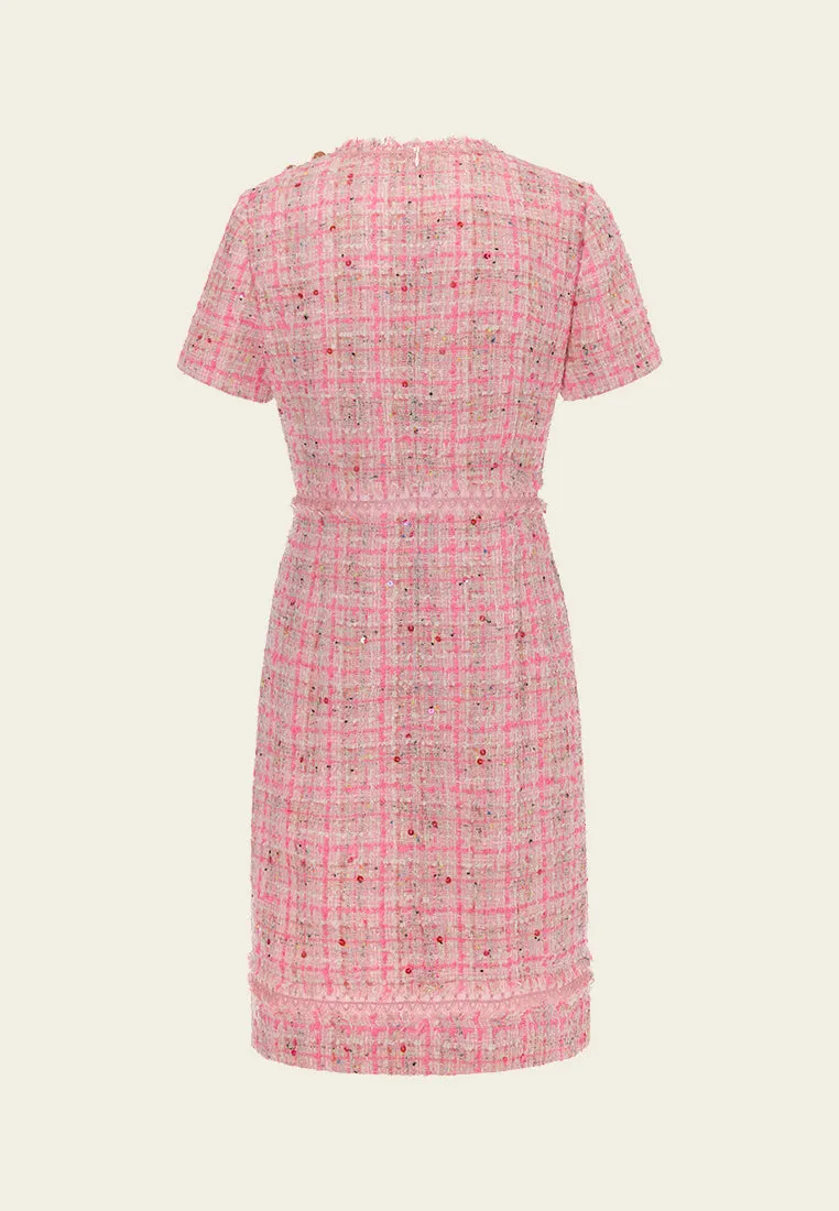 Slim-cut Frayed-detail Checked Sequined Dress
