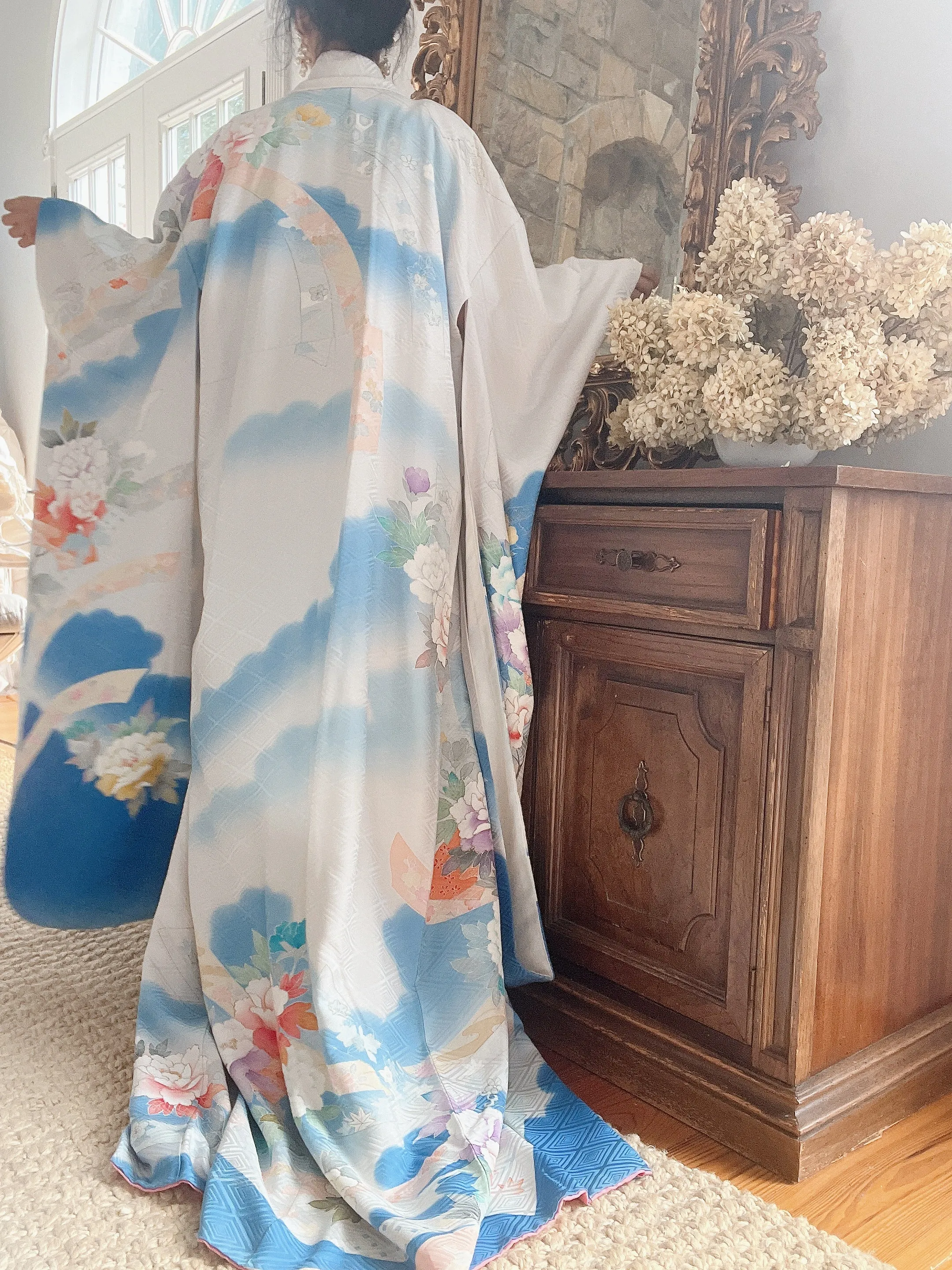Vintage Blue Silk Floral Kimono - OSFA