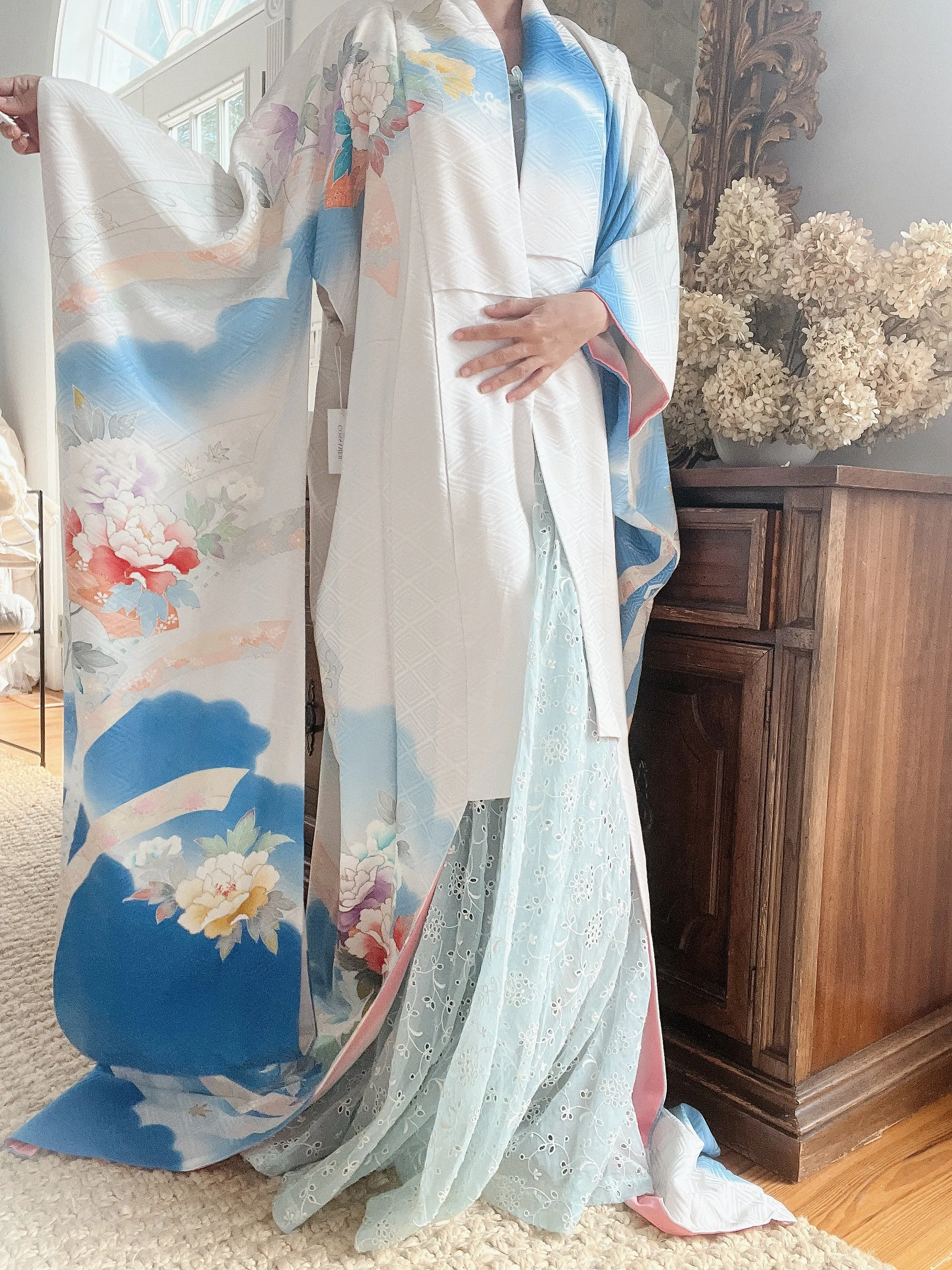 Vintage Blue Silk Floral Kimono - OSFA