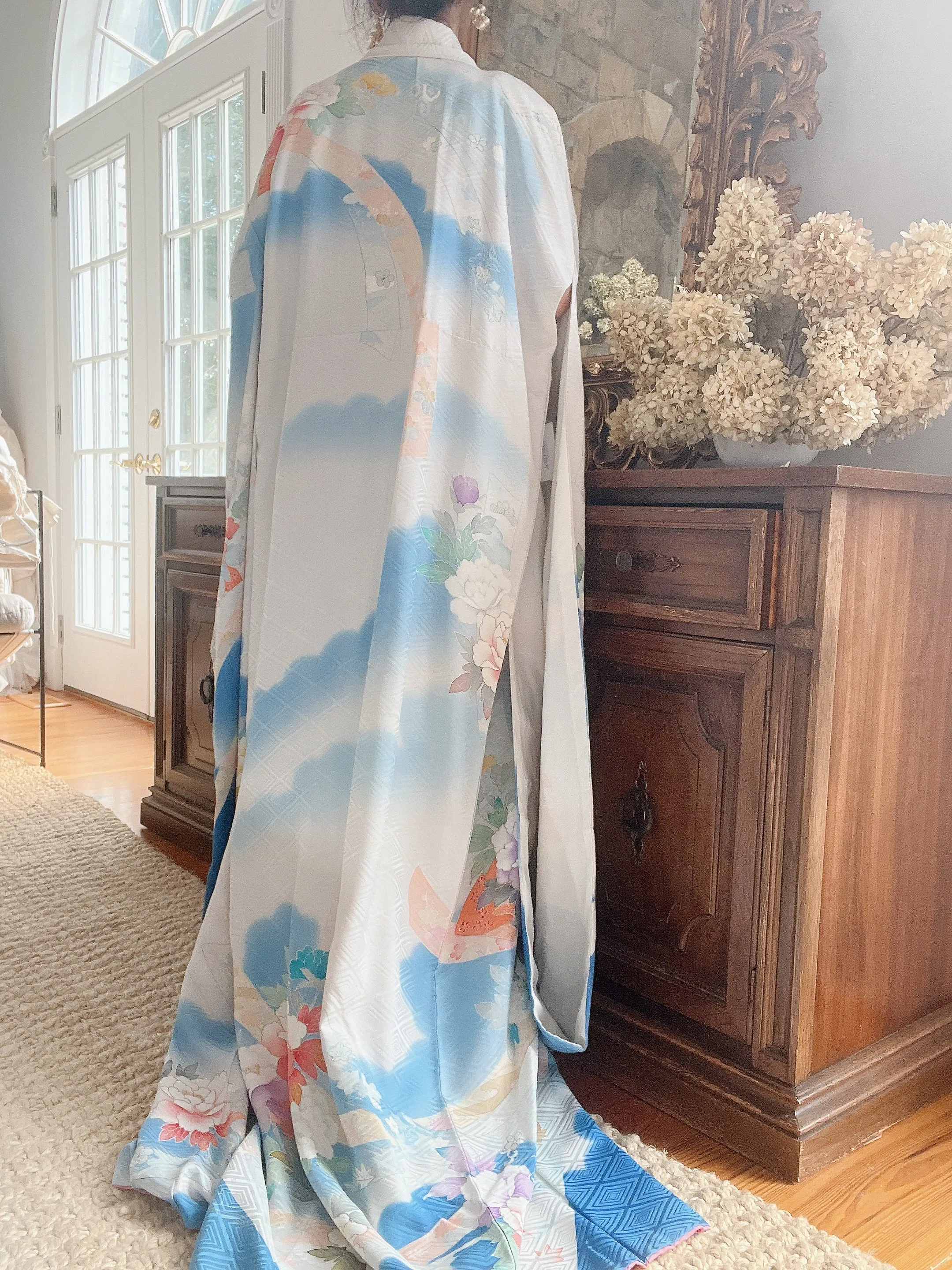 Vintage Blue Silk Floral Kimono - OSFA