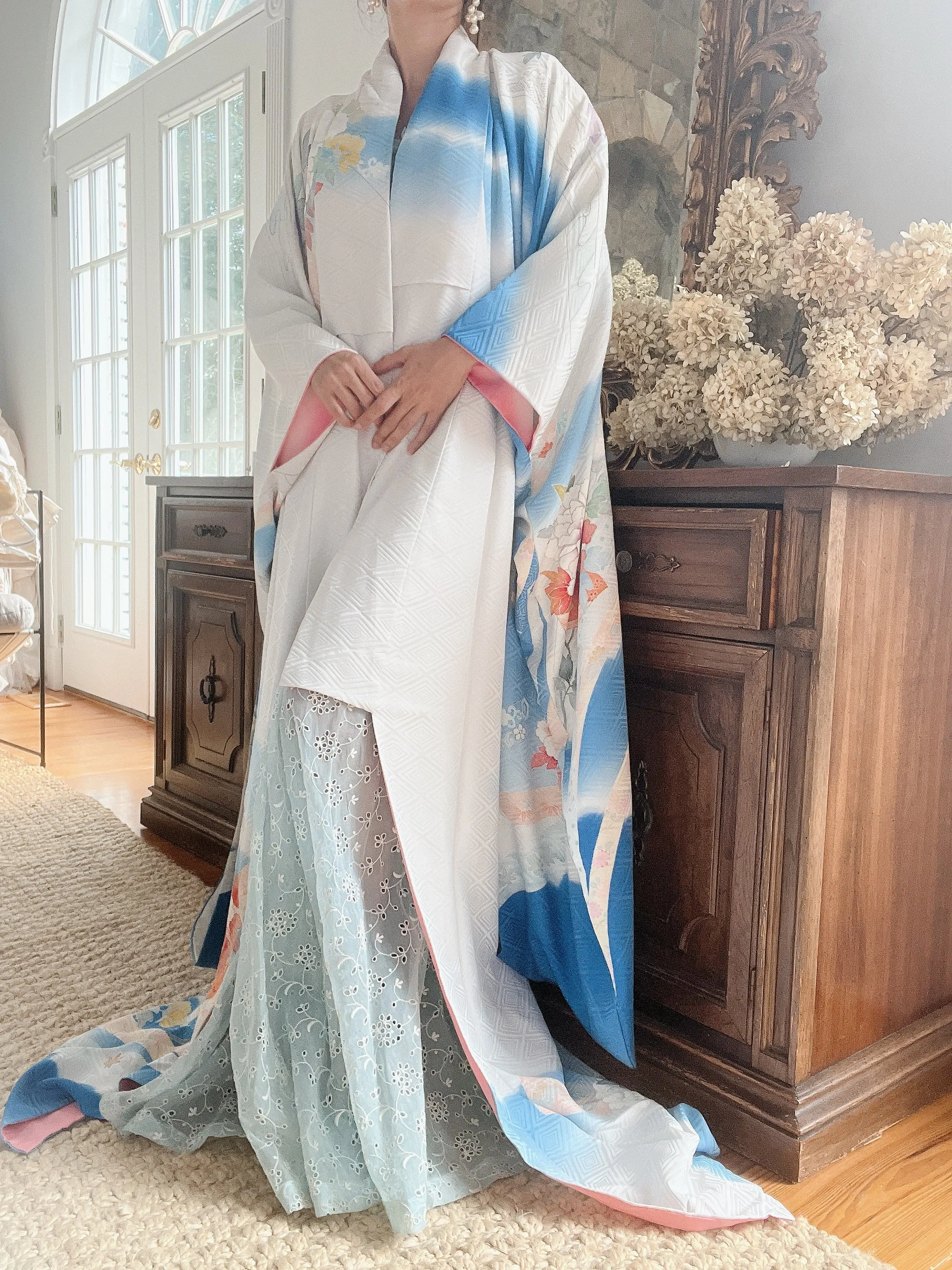 Vintage Blue Silk Floral Kimono - OSFA