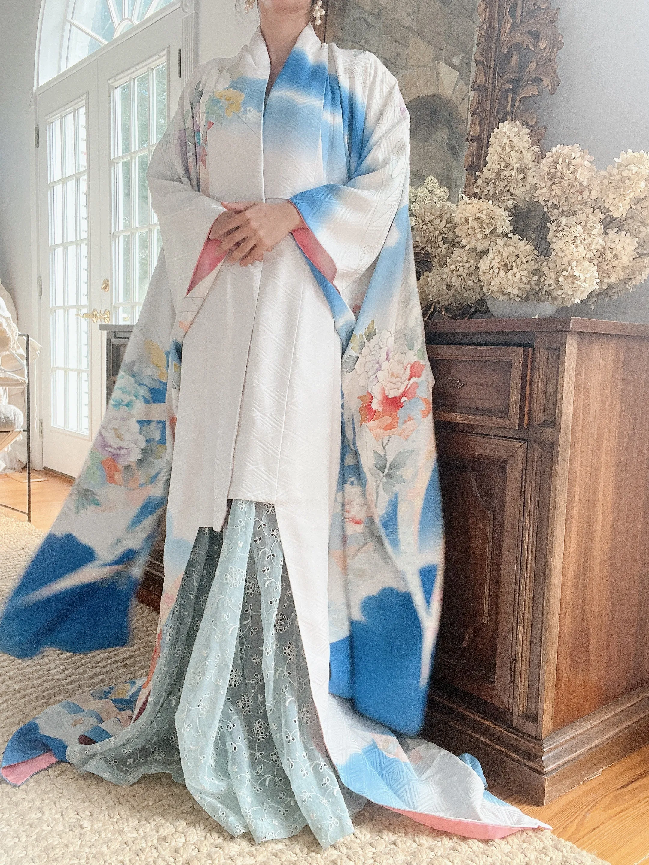 Vintage Blue Silk Floral Kimono - OSFA