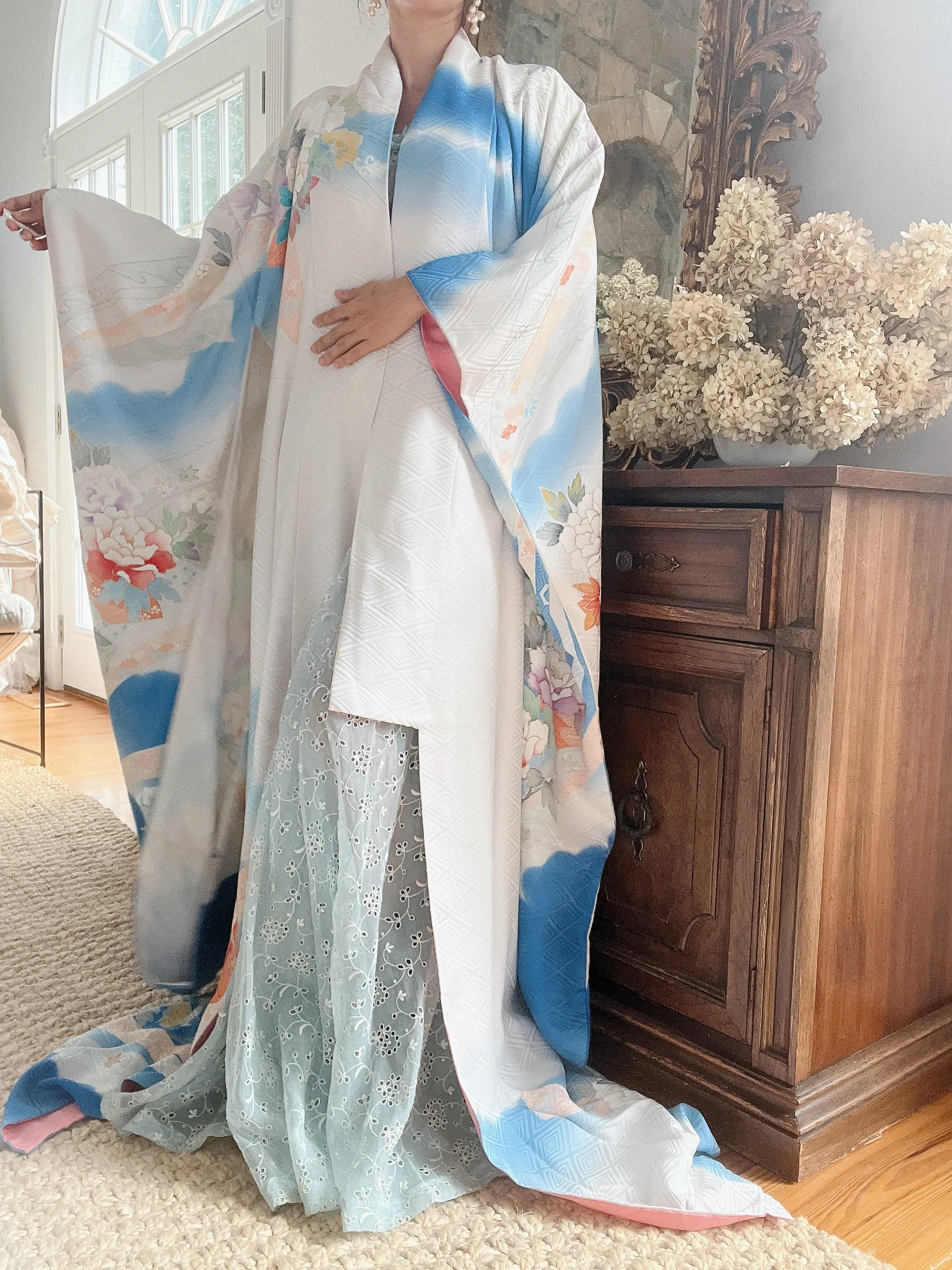 Vintage Blue Silk Floral Kimono - OSFA