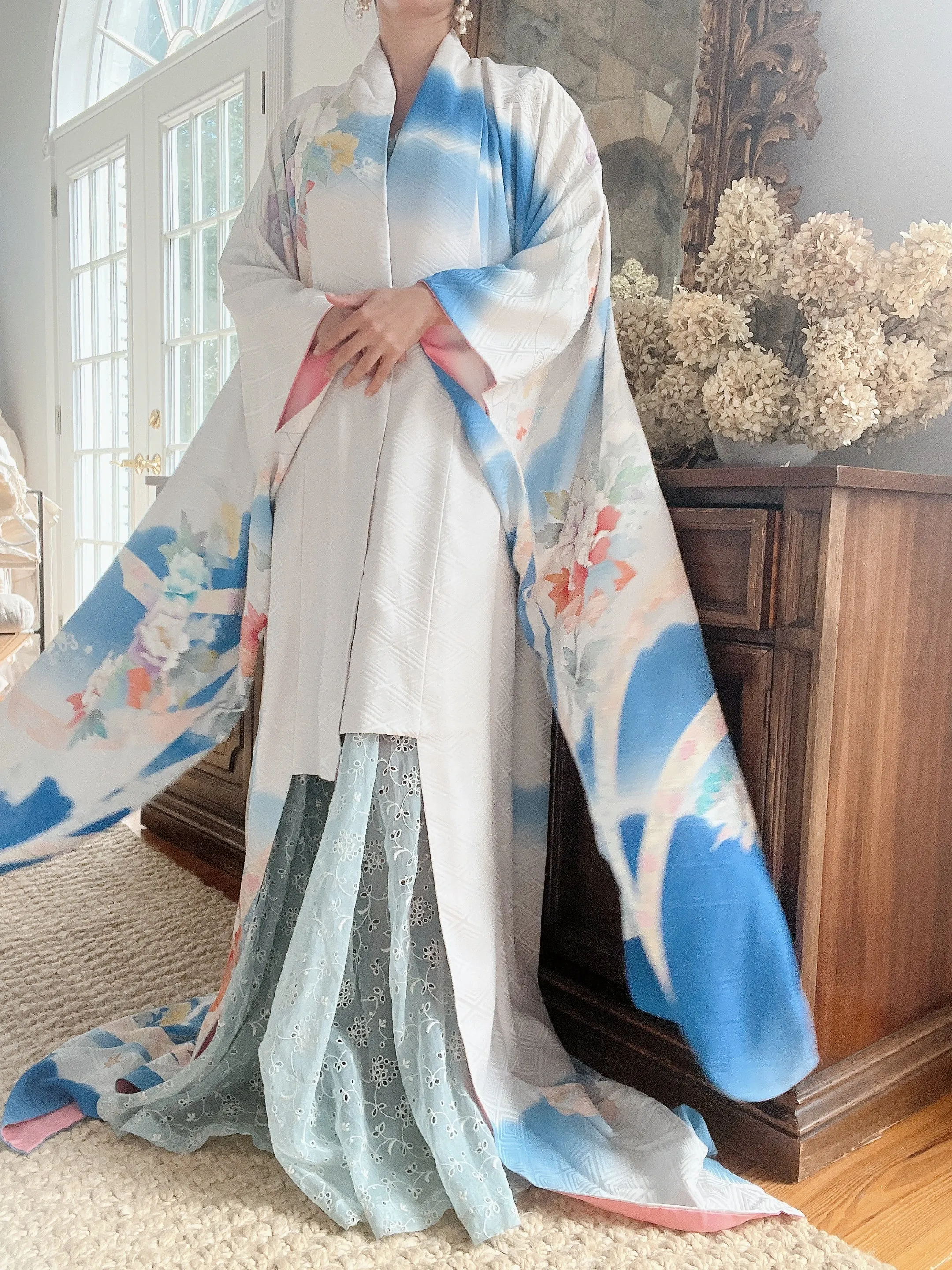 Vintage Blue Silk Floral Kimono - OSFA