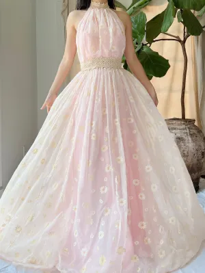 Vintage Daisy Floral Halter Gown - XS